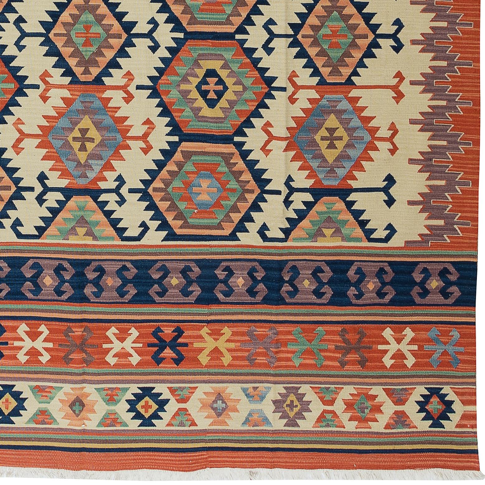 20th Century 6.4x7.8 Ft One of a Kind Vintage Hand-Woven Turkish Kilim 'Flat-Weave', All Wool For Sale