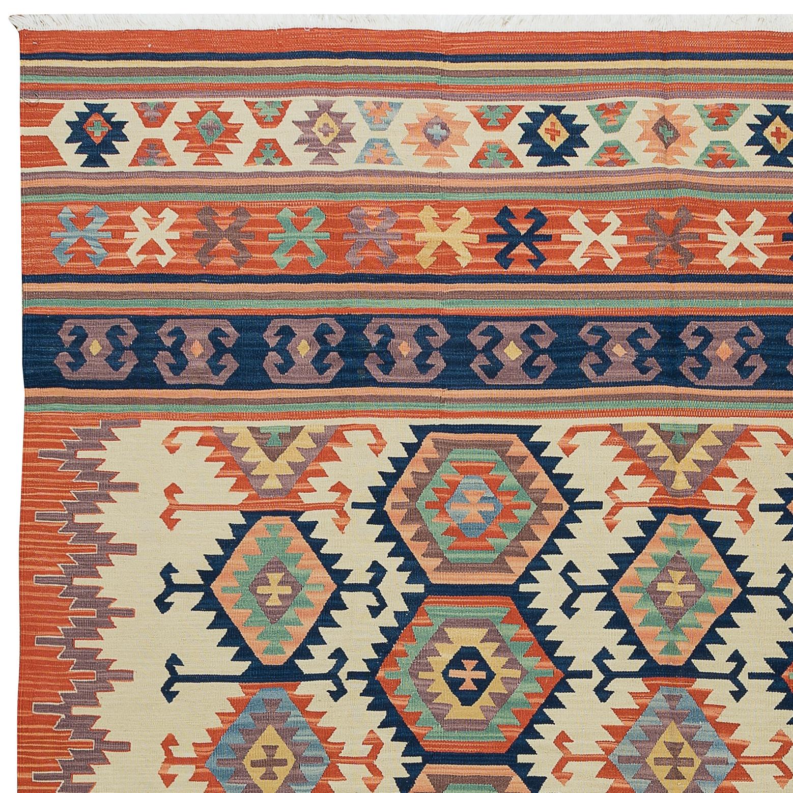 6.4x7.8 Ft One of a Kind Vintage Hand-Woven Turkish Kilim 'Flat-Weave', All Wool For Sale 2