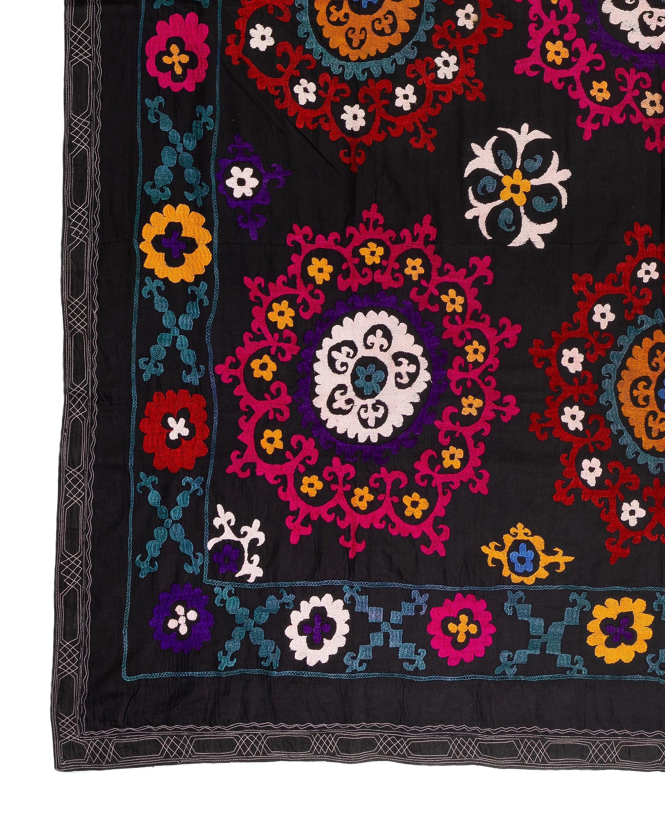 Uzbek 6.4x7.8 Ft Silk Embroidery Bed Cover. Black Wall Hanging. Needlework Tablecloth For Sale