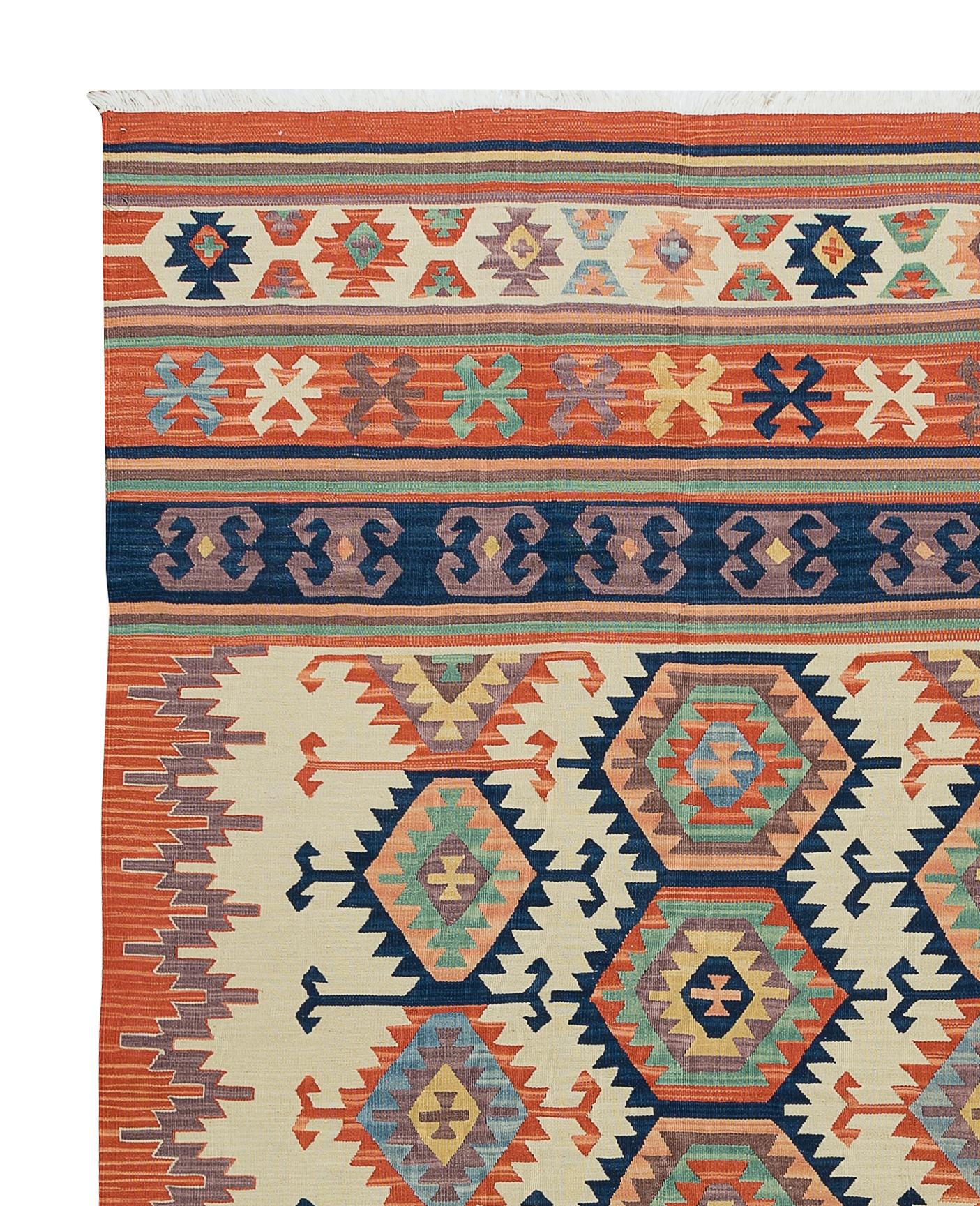 6.4x7.8 Ft Vintage Turkish Kilim 'Flat-Weave', All Wool, Unique Handmade Rug In Excellent Condition For Sale In Spring Valley, NY