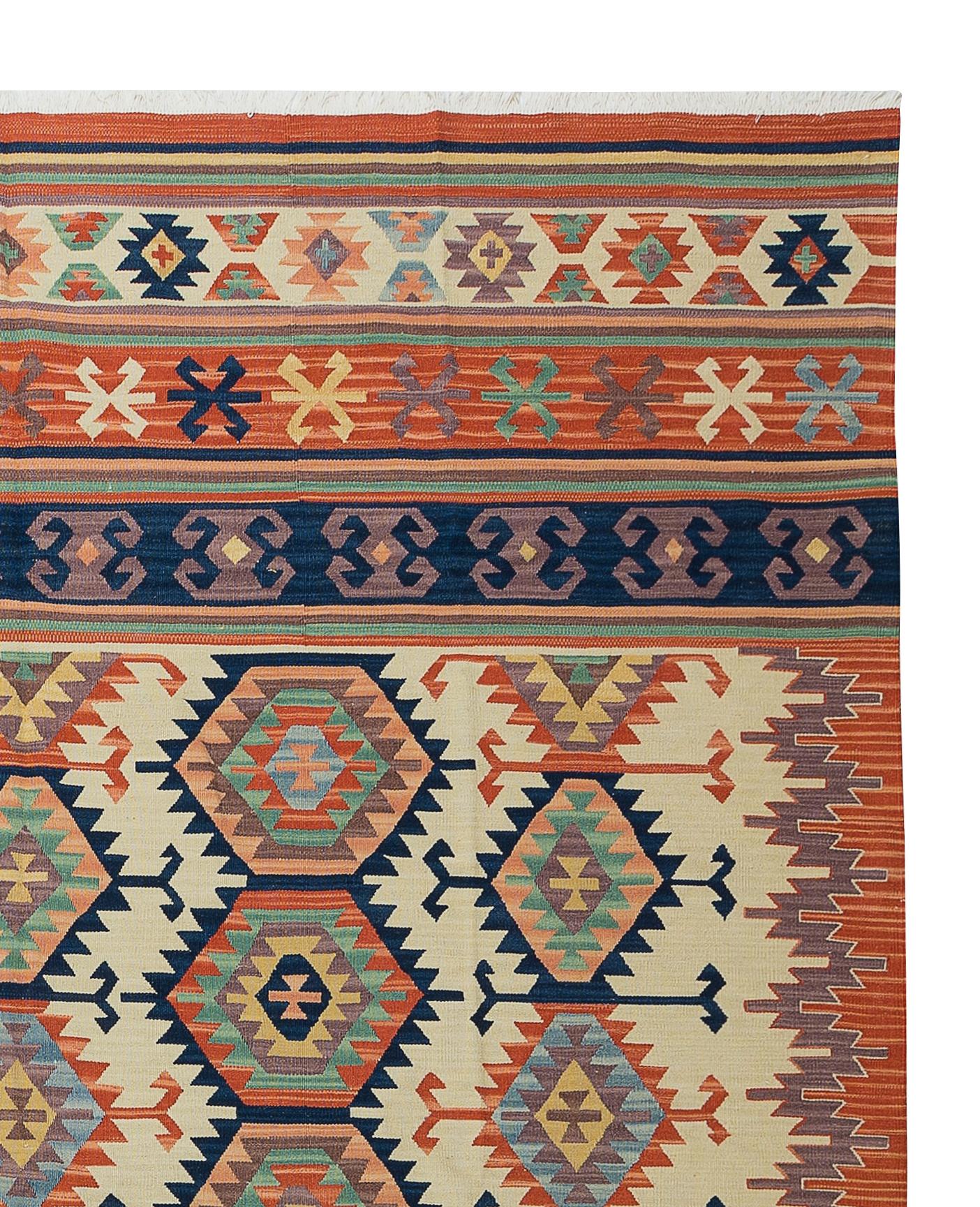 20th Century 6.4x7.8 Ft Vintage Turkish Kilim 'Flat-Weave', All Wool, Unique Handmade Rug For Sale