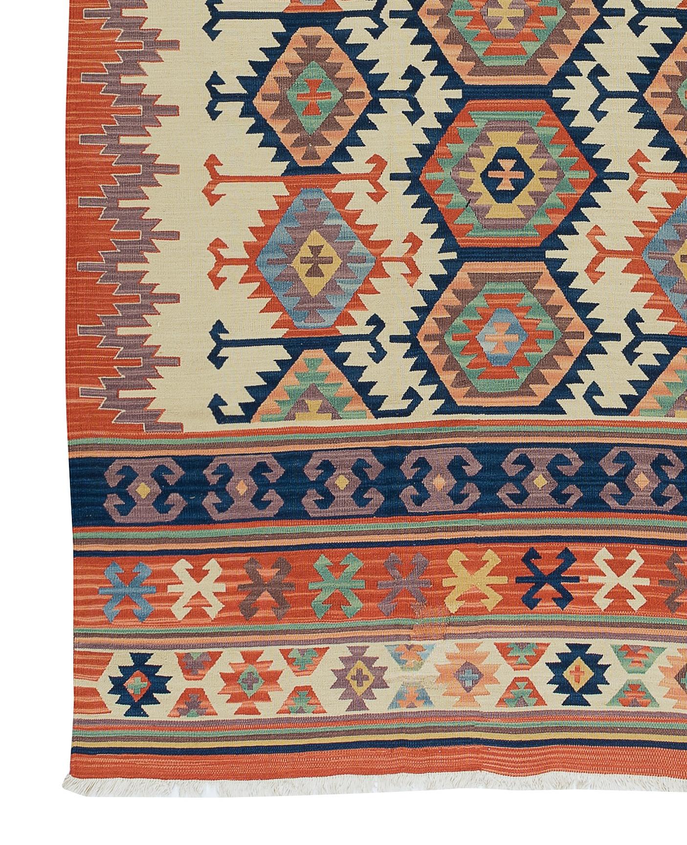6.4x7.8 Ft Vintage Turkish Kilim 'Flat-Weave', All Wool, Unique Handmade Rug For Sale 1