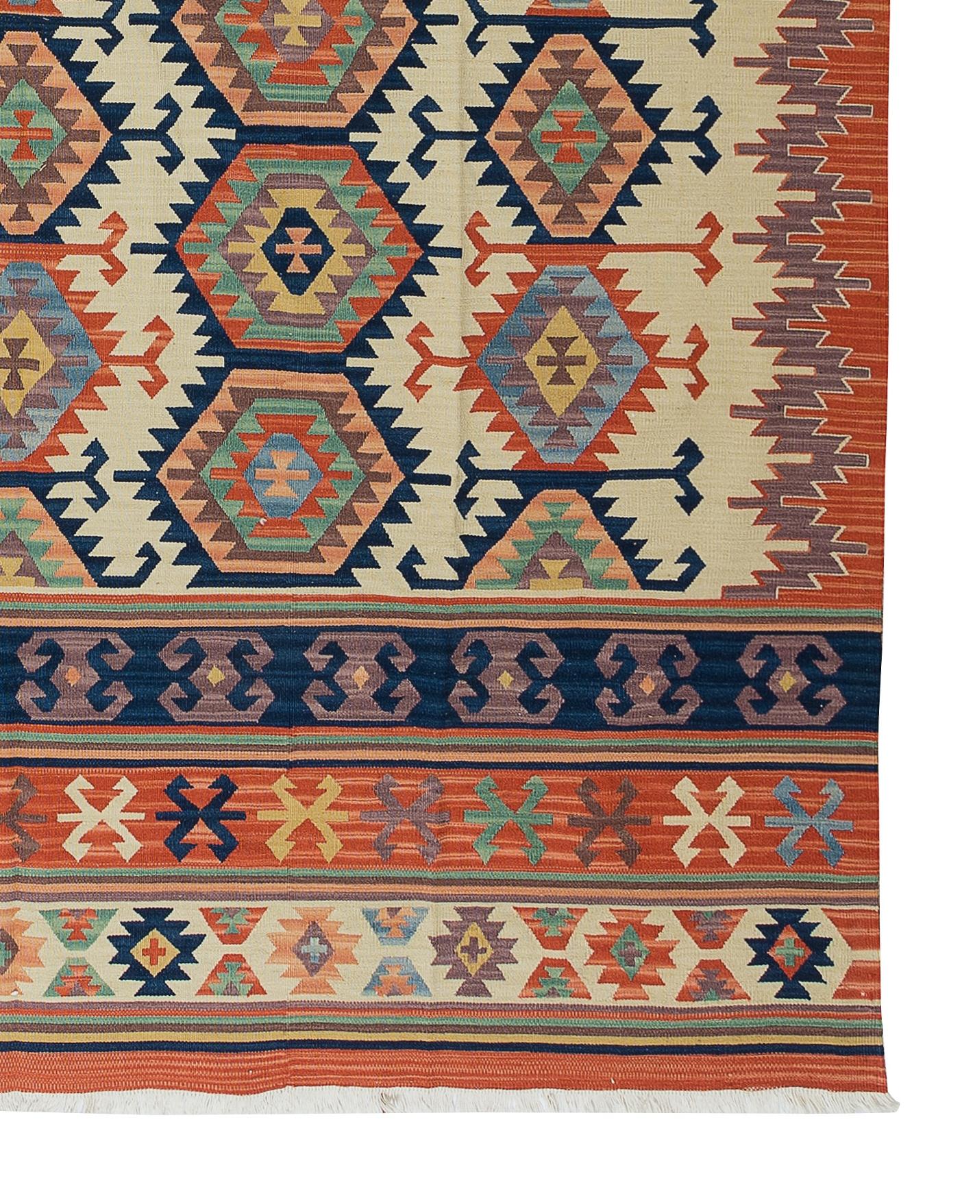 6.4x7.8 Ft Vintage Turkish Kilim 'Flat-Weave', All Wool, Unique Handmade Rug For Sale 2