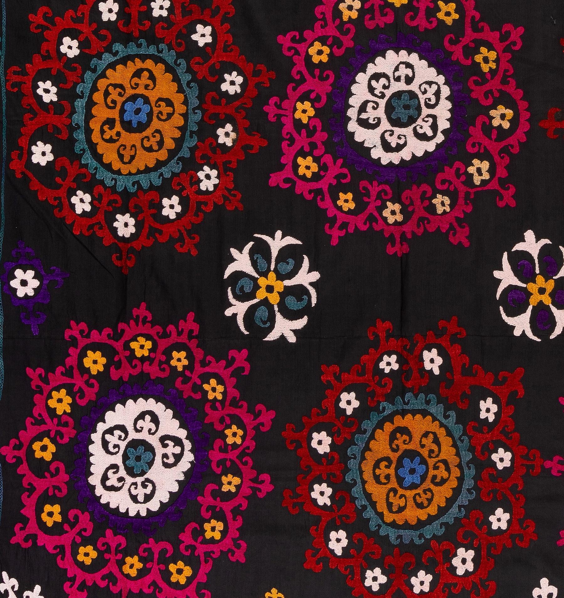 Suzani 6.4x7.8 Ft Silk Embroidery Bed Cover. Black Wall Hanging. Needlework Tablecloth For Sale