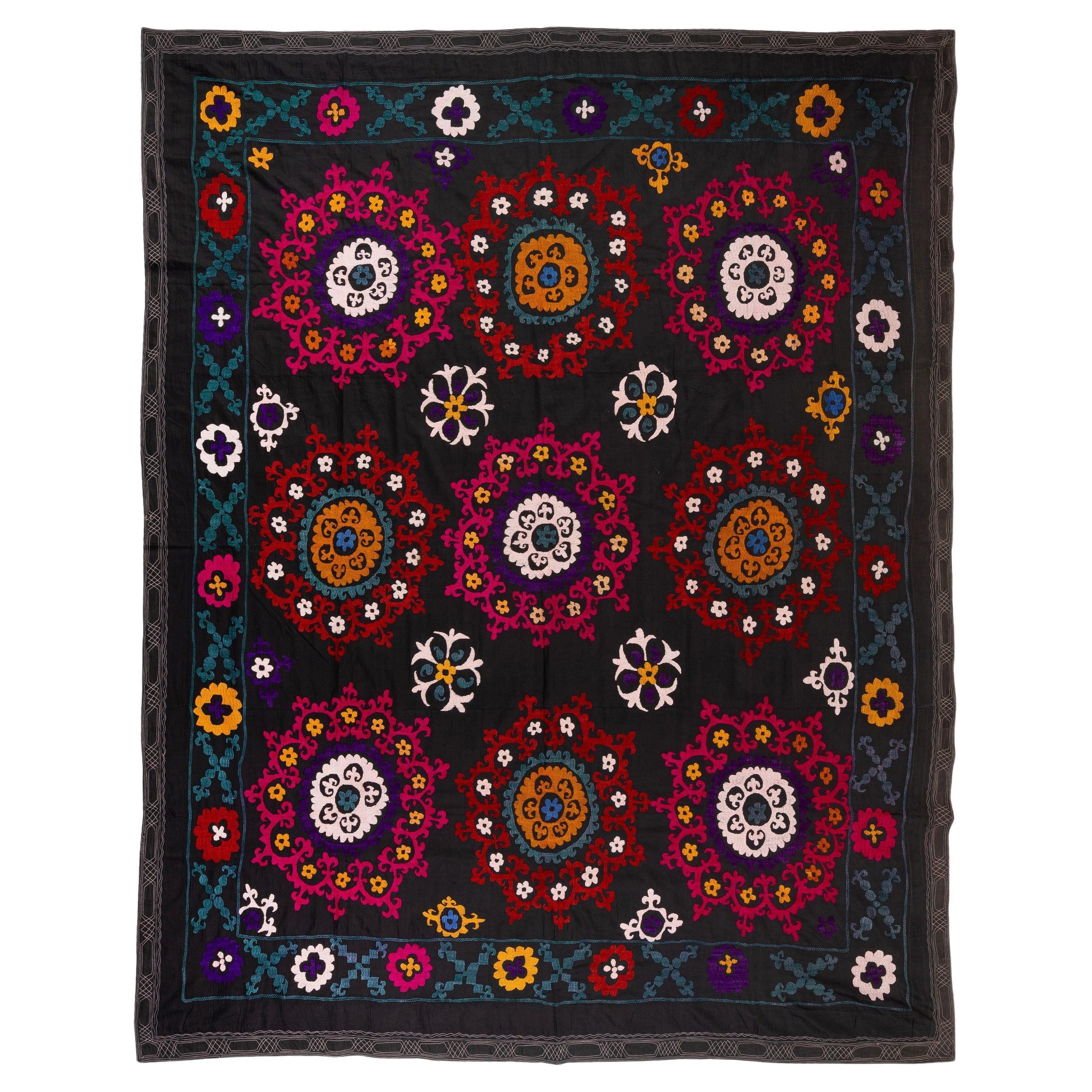 6.4x7.8 Ft Silk Embroidery Bed Cover. Black Wall Hanging. Needlework Tablecloth For Sale