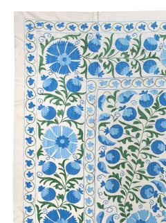 6.4x8.3 Ft Silk Embroidery Bedspread, Suzani Wall Hanging, Blue Uzbek Tapestry