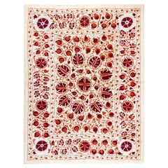 6.4x8.3 ft Silk Hand Embroidery Bed Cover, Central Asian Suzani Wall Hanging