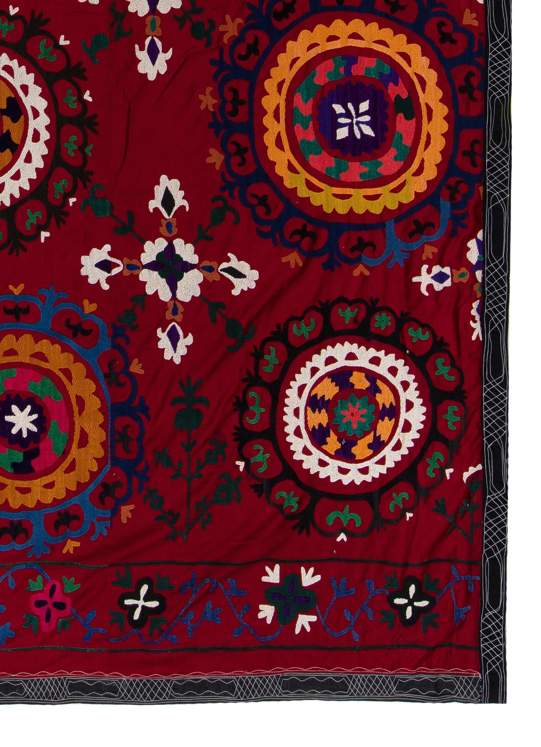 20th Century 6.4x8.4 Ft Central Asian Suzani Textile, Embroidered Cotton & Silk Wall Hanging For Sale