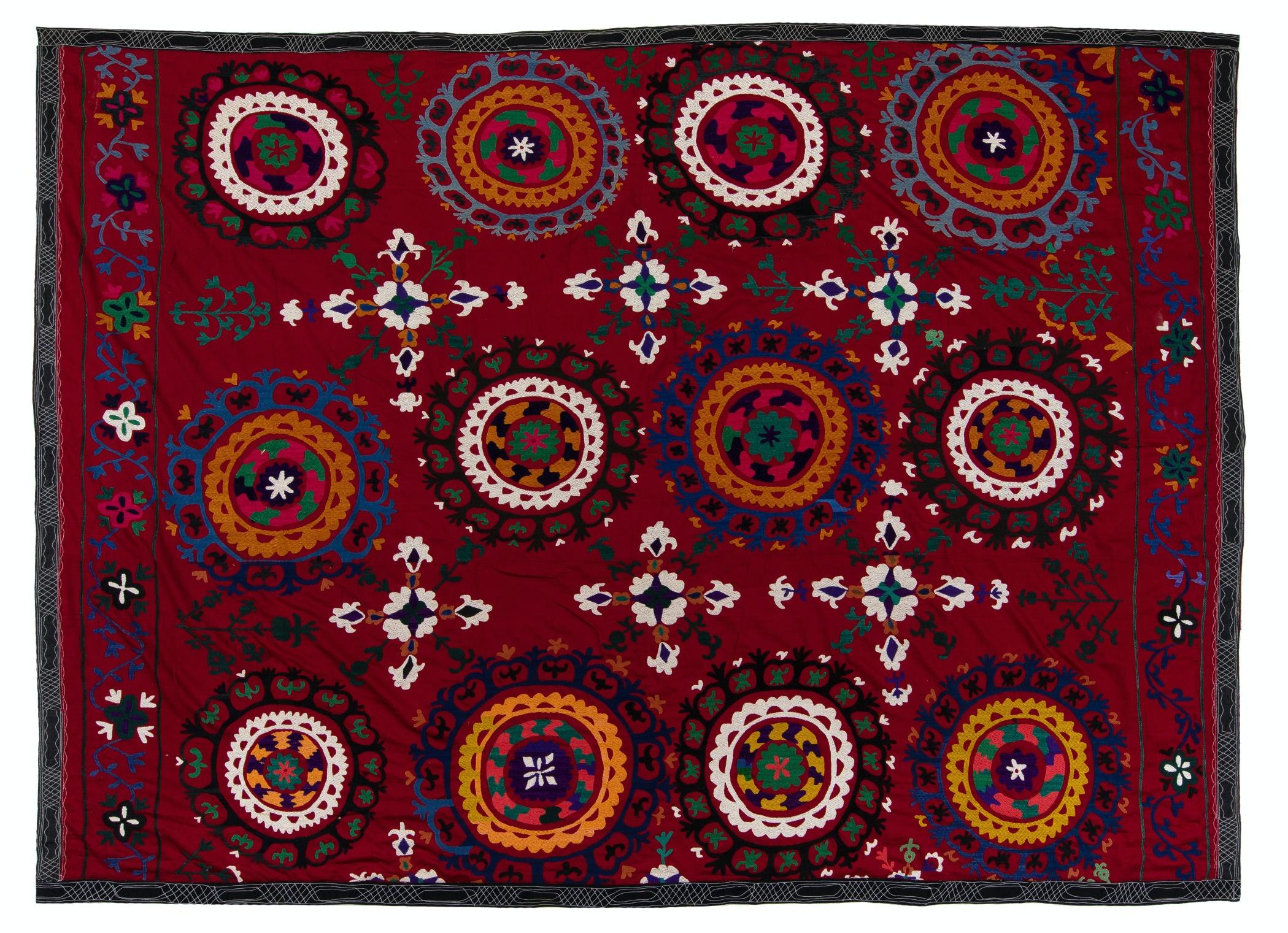6.4x8.4 Ft Central Asian Suzani Textile, Embroidered Cotton & Silk Wall Hanging For Sale 1