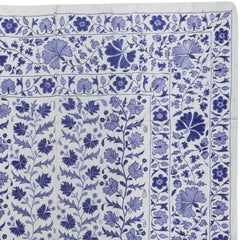 6.4x8.4 ft Crochet Suzani Wall Hanging, Silk Embroidery Bed Cover in Cream, Blue