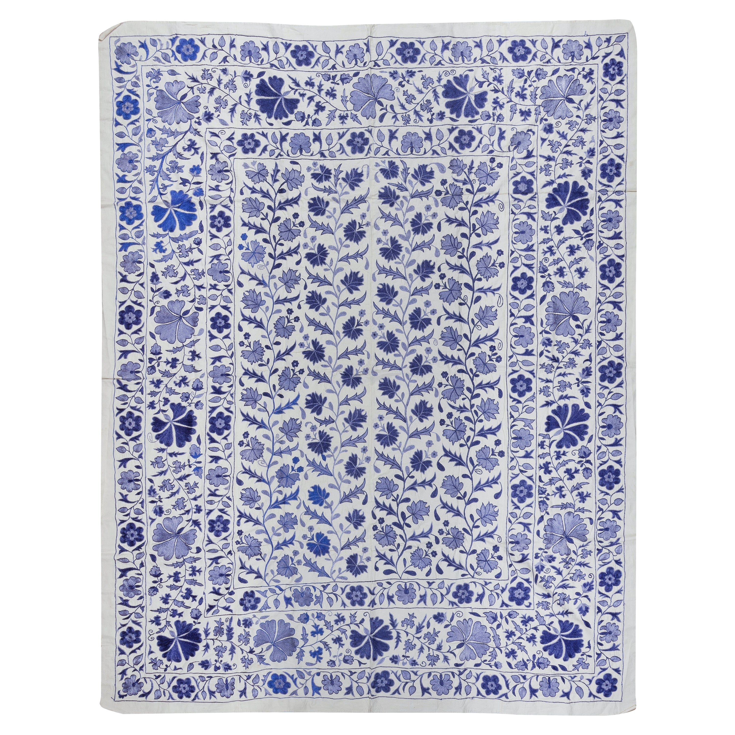 6.4x8.4 ft Crochet Suzani Wall Hanging, Silk Embroidery Bed Cover in Cream, Blue