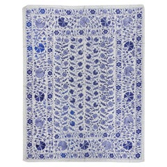 6.4x8.4 ft Crochet Suzani Wall Hanging, Silk Embroidery Bed Cover in Cream, Blue
