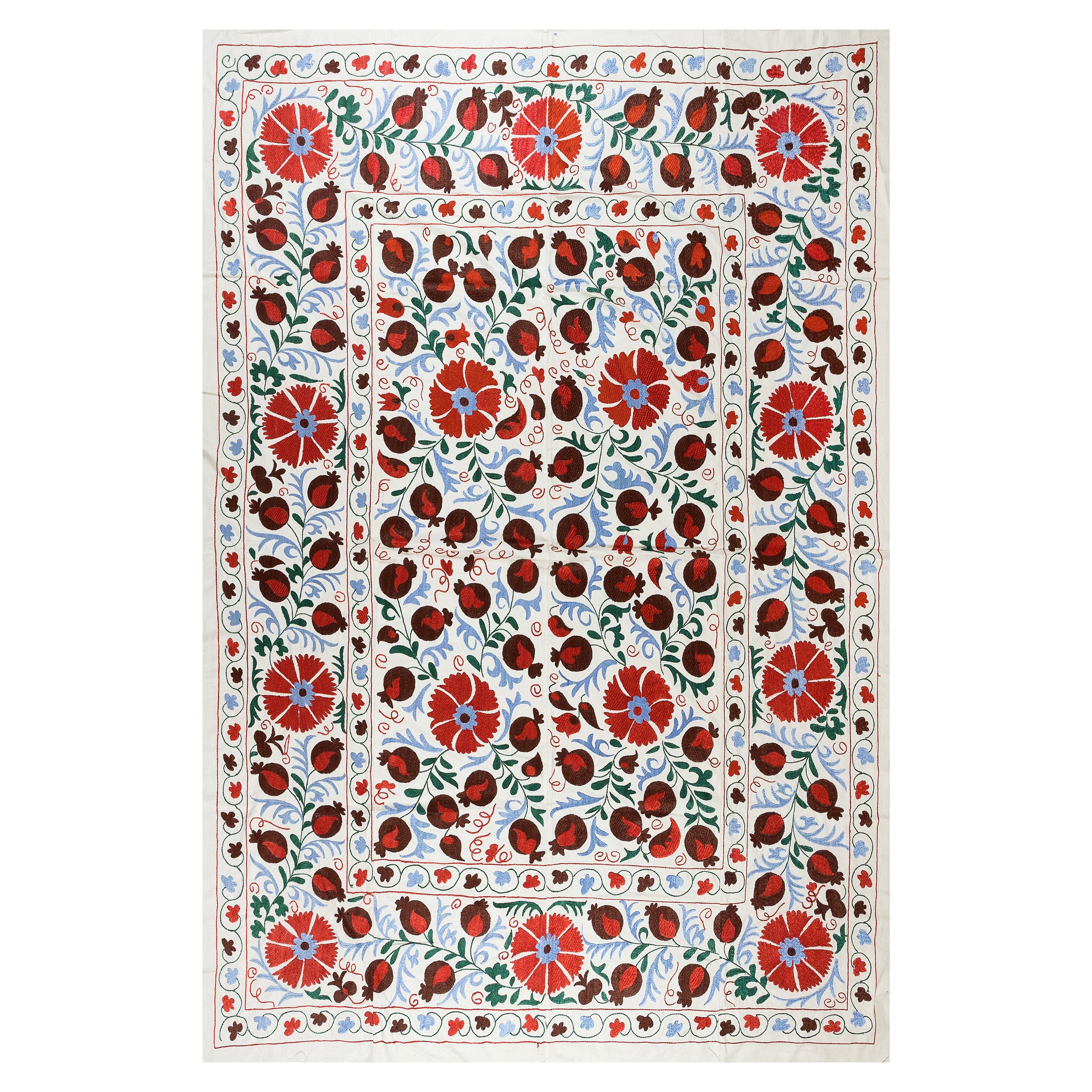 6,4x8.4 Ft Seide bestickter Wandbehang, handgefertigter Bettteppich, Suzani-Wandteppich, Suzani-Wandteppich