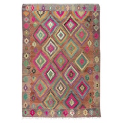 6,4x8.8 Ft farbenfroher geometrischer Nomaden-Kelim-Teppich im Vintage-Stil, 100 % handgesponnene Wolle