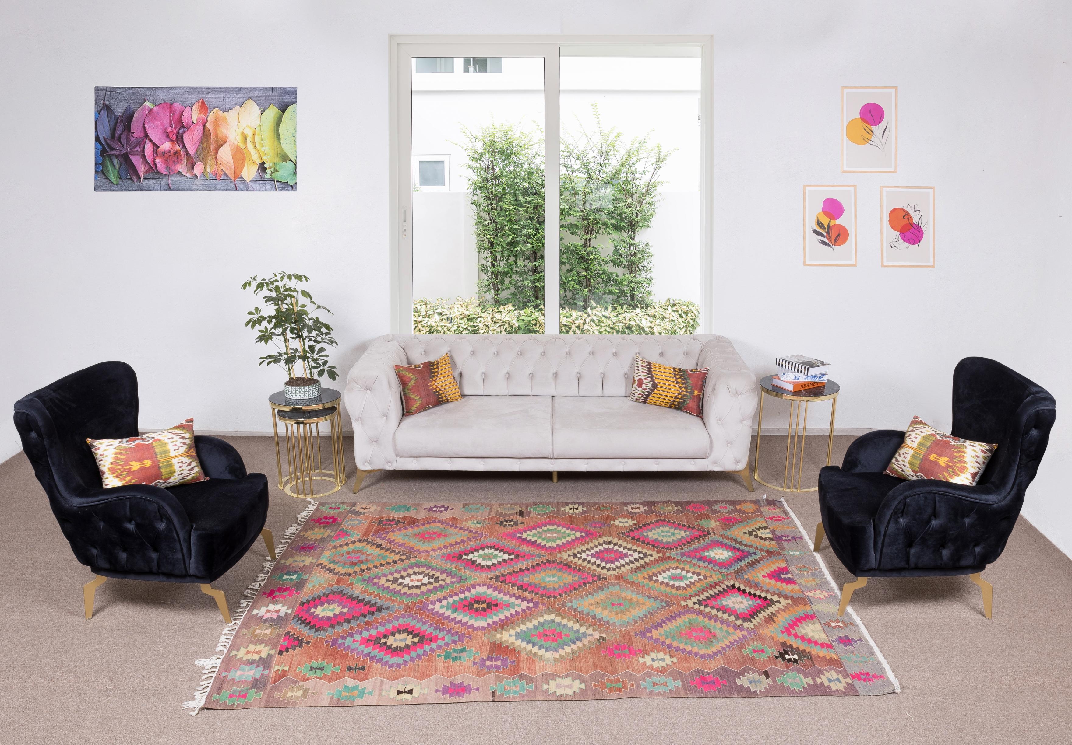 Alfombra geométrica de colores, 100% lana hilada a mano Kilim en venta