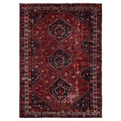 6'4"x9' Carmine Red Vintage Persian Shiraz Hand Knotted Pure Wool Oriental Rug