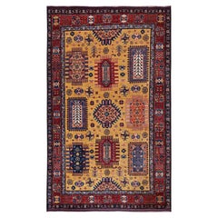 193 x 274 cm großer gelber Ersari-Teppich aus reinem Wolle, handgeknüpft, mit kaukasischem Motiv