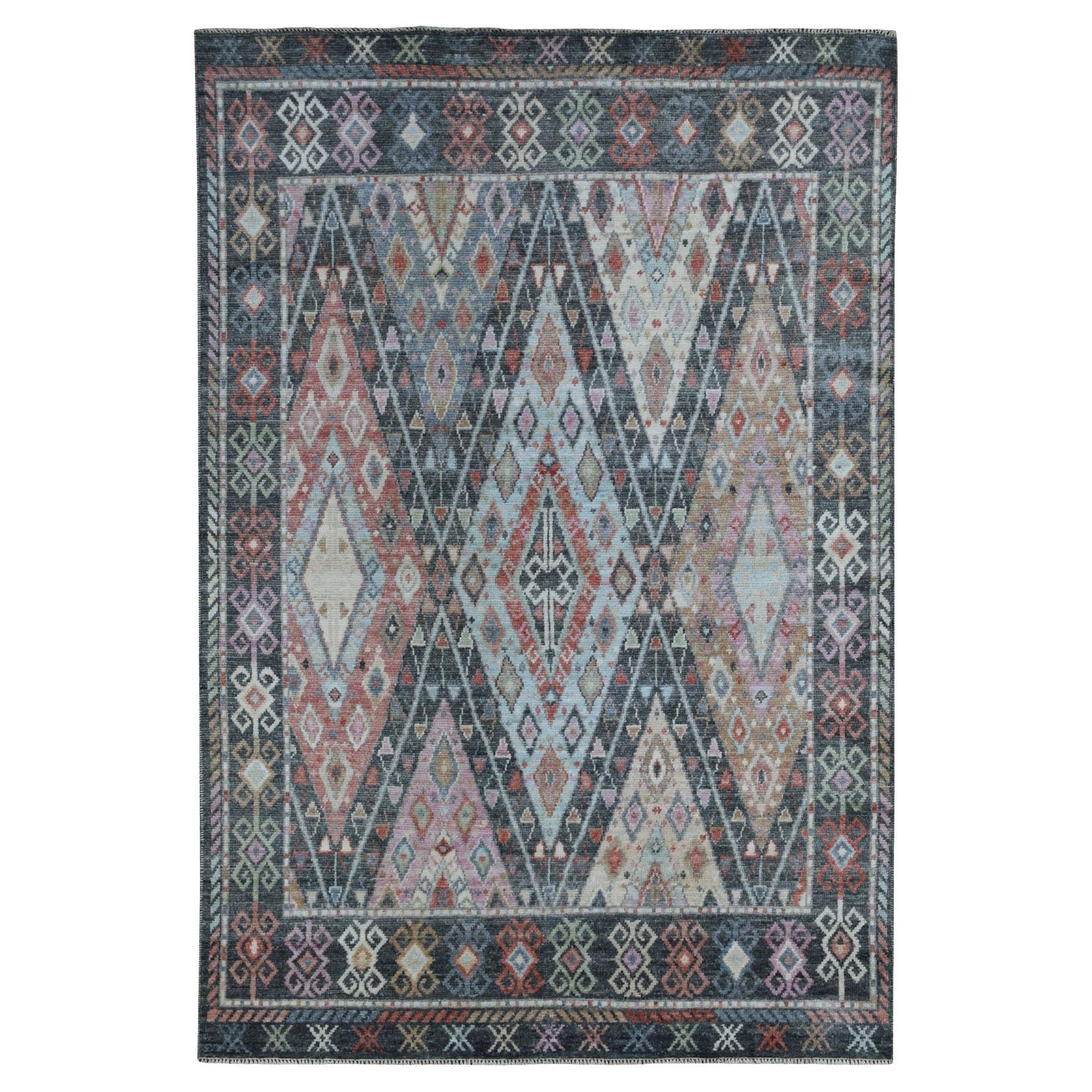 6'4"x9'2" Charcoal Black With Anatolian Design Wool Hand Knotted Oriental Rug For Sale