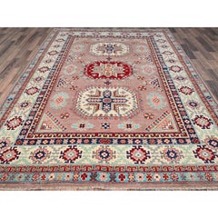 6'4"x9'2" Sepia Rose Pink Hand Knotted Organic Wool Kazak Motifs Oriental Rug