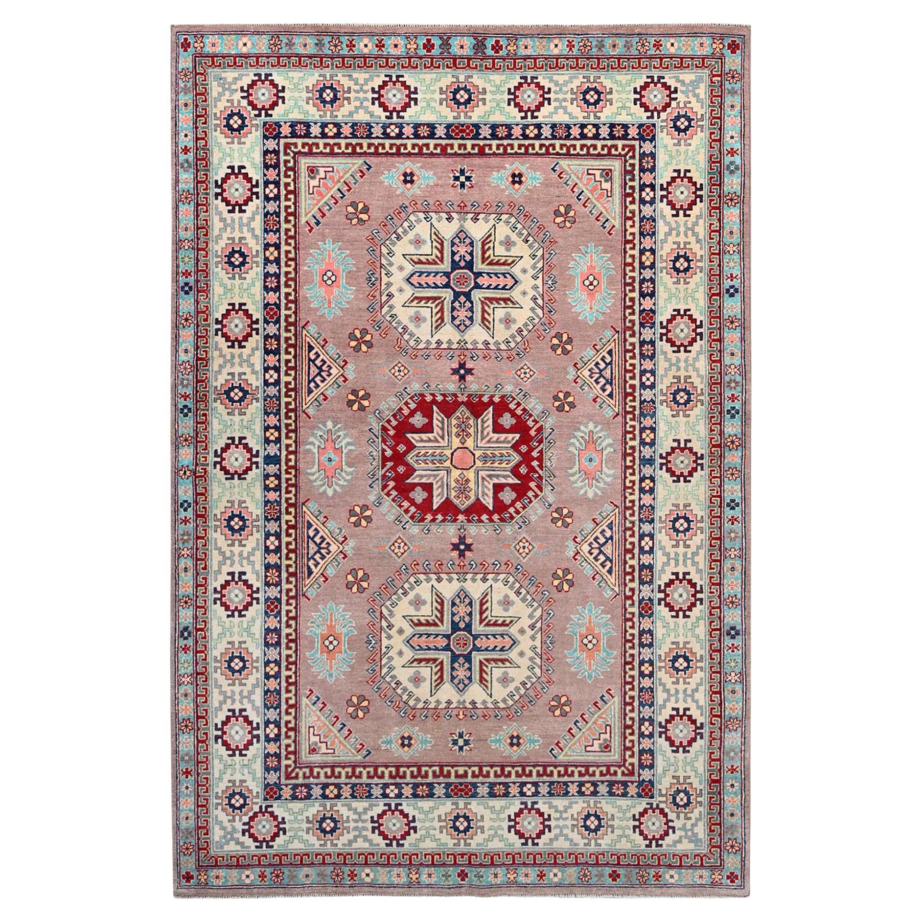 6'4 "x9'2" Sepia Rose Rose Laine organique nouée à la main Tapis oriental à motifs Kazak