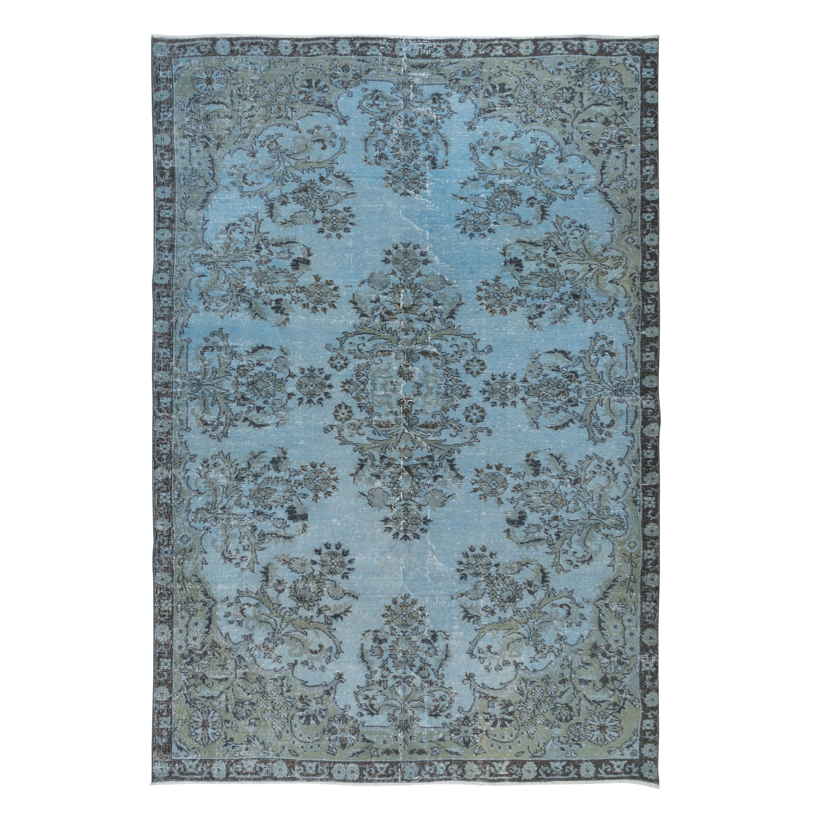 Tappeto floreale turco fatto a mano 6,4x9,4 Ft in azzurro, Tappeto moderno azzurro cielo in vendita