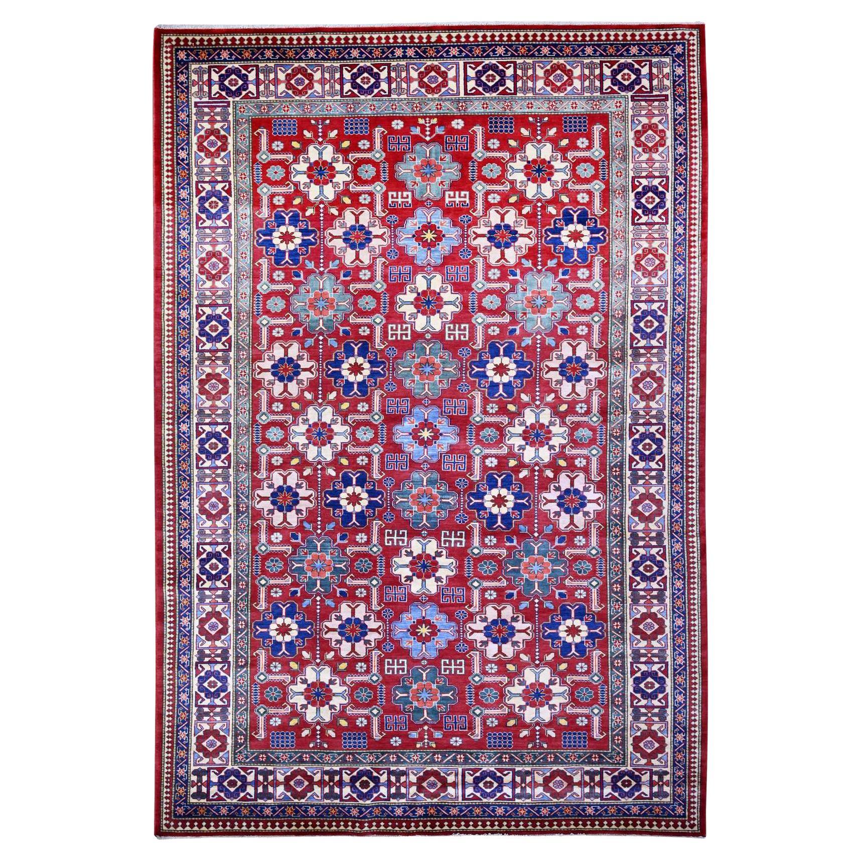 6'4"x9'4" Red Caucasian Design Wool Afghan Super Kazak Hand Knotted Oriental Rug