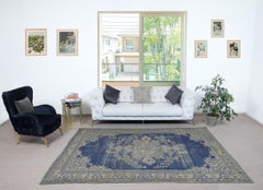 6.4x9.5 Ft Vintage Handmade Dark Blue Area Rug. Unique Turkish Carpet