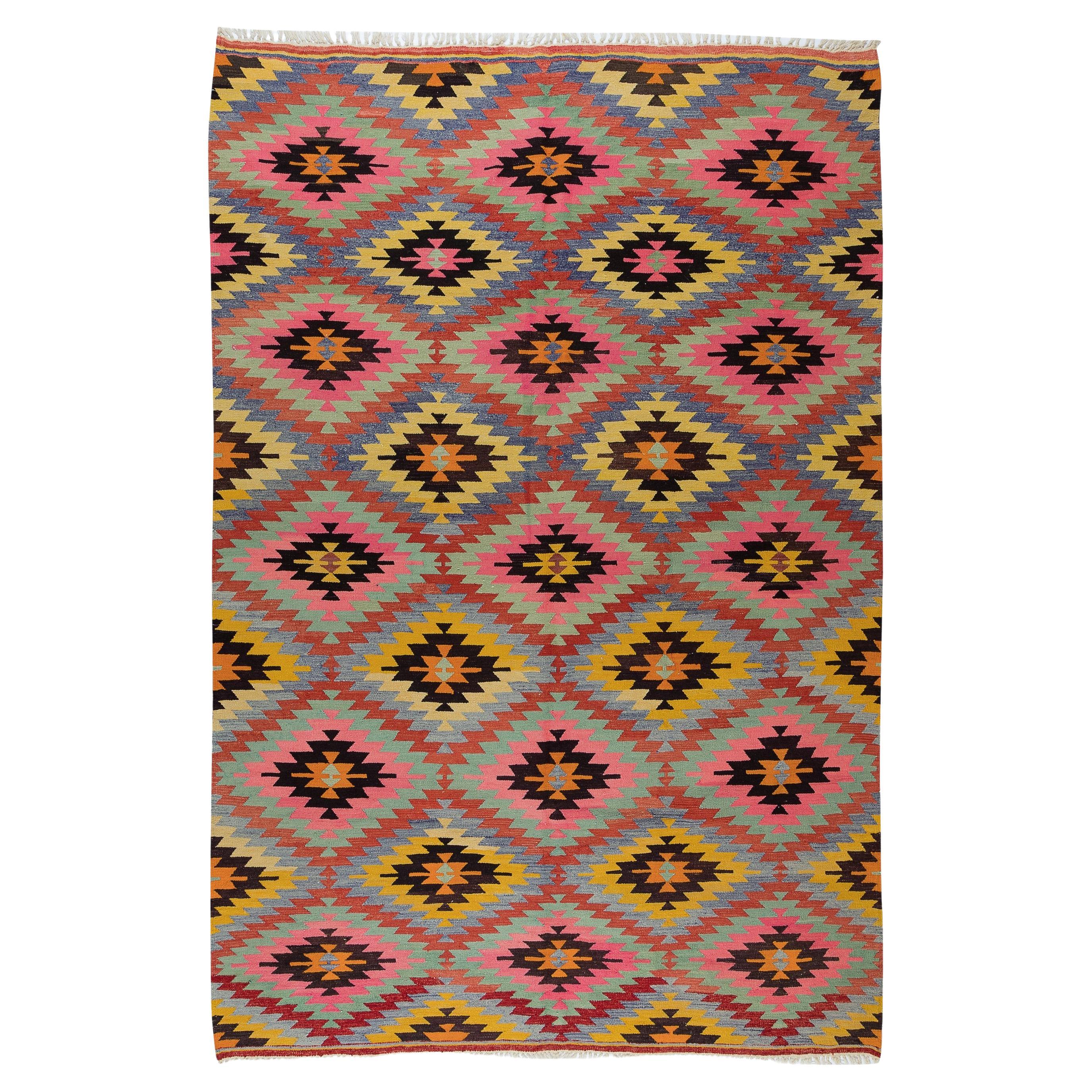 6.4x9.6 Ft Dazzling Handmade Anatolian Wool Kilim, One of a Kind Flat-Weave Rug For Sale