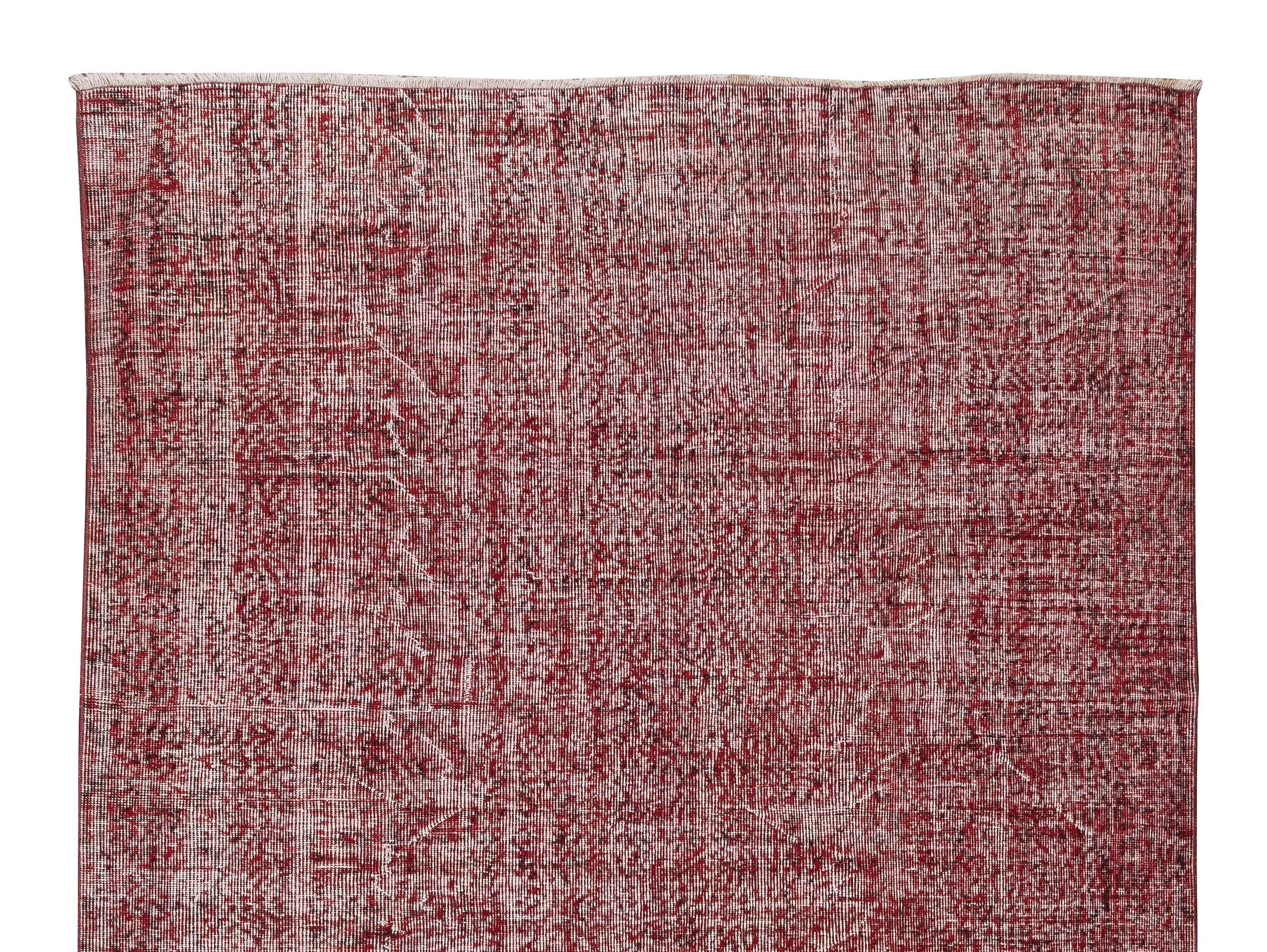 Hand-Knotted 6.4x9.6 Ft Handmade Turkish Vintage Distressed Wool Area Rug in Burgundy Red For Sale