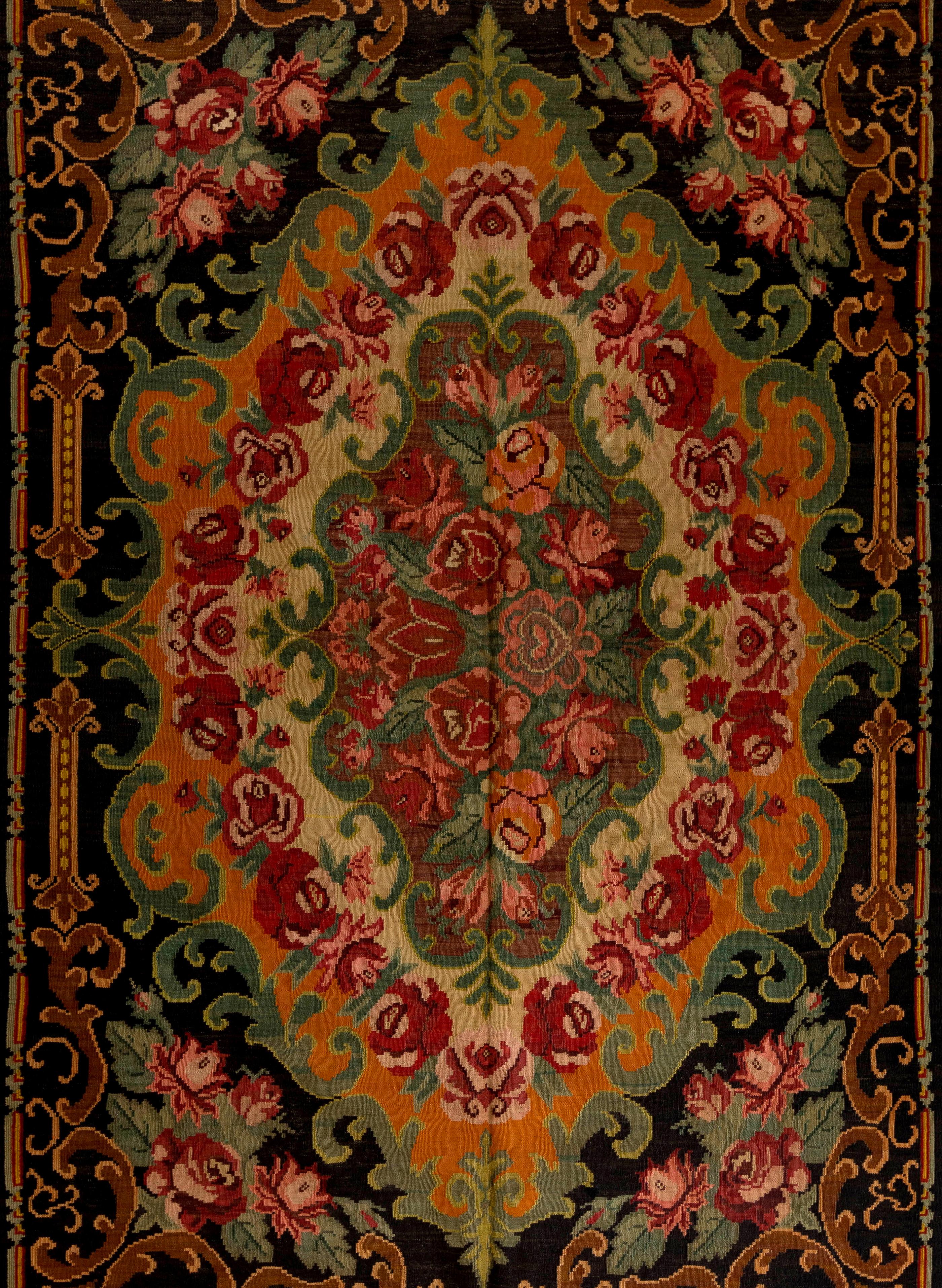 Bohemian 6.4x9.7 Ft Handmade Bessarabian Kilim, Floral Rug. Vintage Tapestry. All Wool For Sale