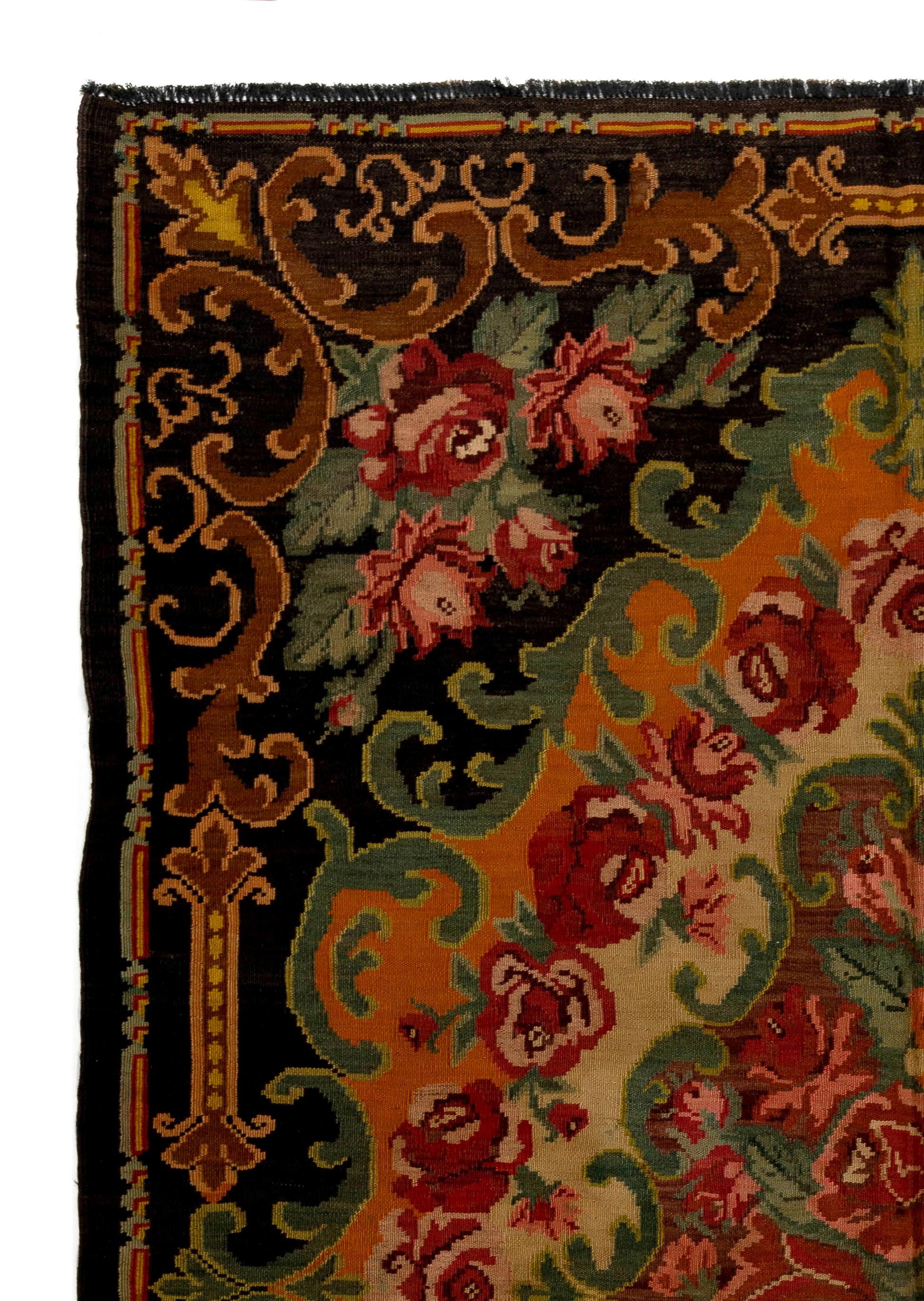 Moldovan 6.4x9.7 Ft Handmade Bessarabian Kilim, Floral Rug. Vintage Tapestry. All Wool For Sale