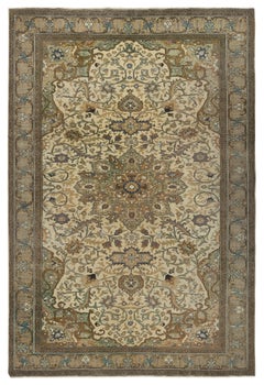 6.4x9.6 Ft Vintage Handmade Turkish Beige Wool Rug with Floral Medallion Design