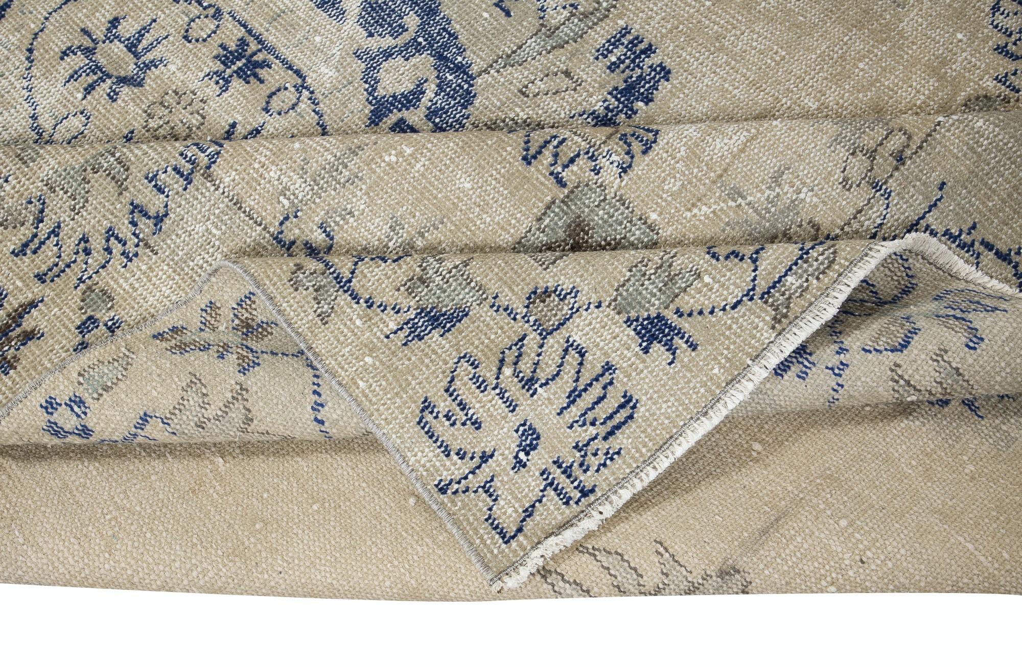 Oushak 6.4x9.6 Ft Vintage Turkish Rug in Beige & Navy Blue, Sun Faded Handmade Carpet For Sale