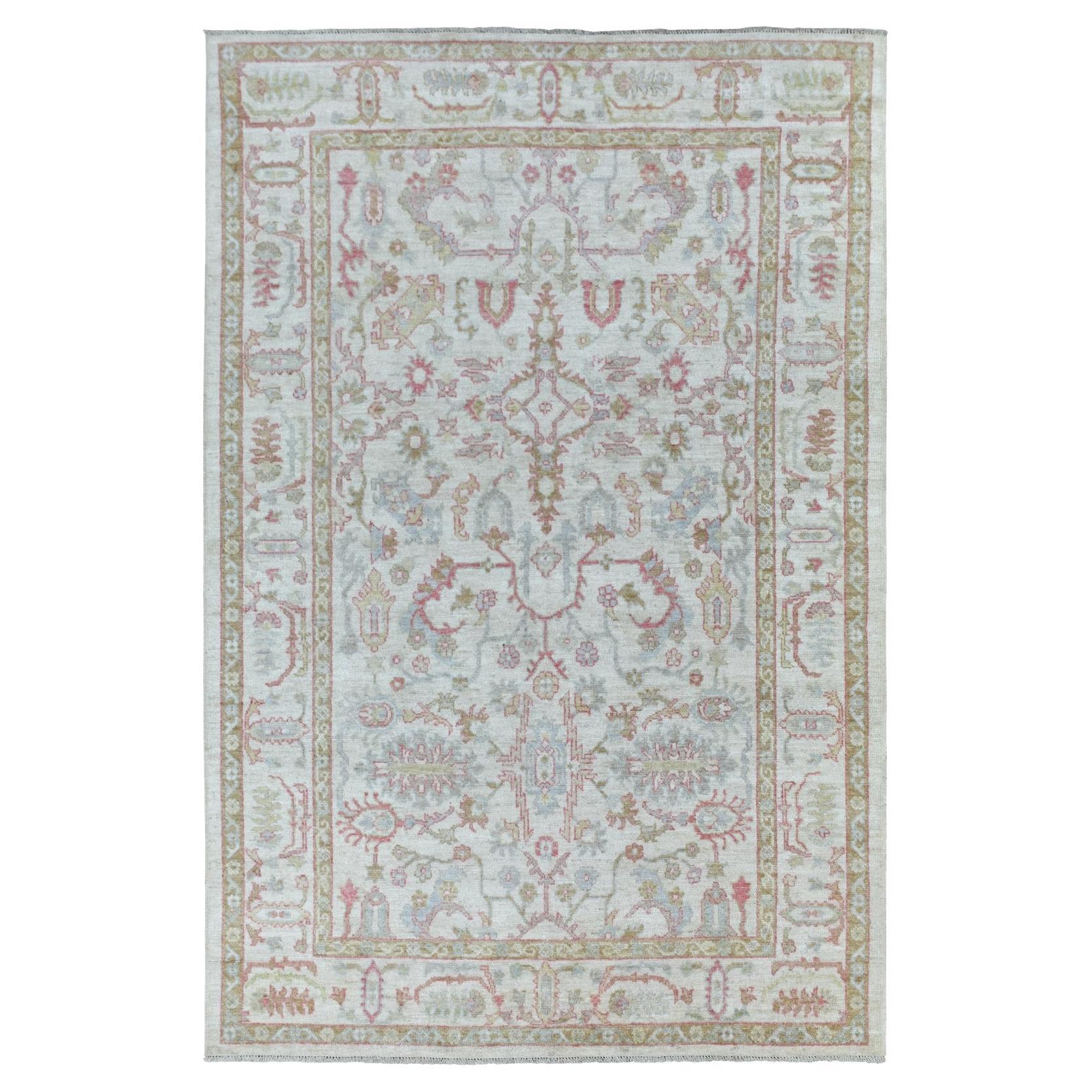 6'4"x9'6" Soft Wool Hand Knotted Ivory Afghan Angora Oushak Oriental Rug For Sale