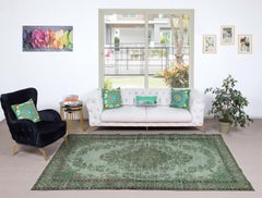 6.4x9.7 Ft Vintage Handmade Turkish Rug Redyed in Green for Modern Interiors