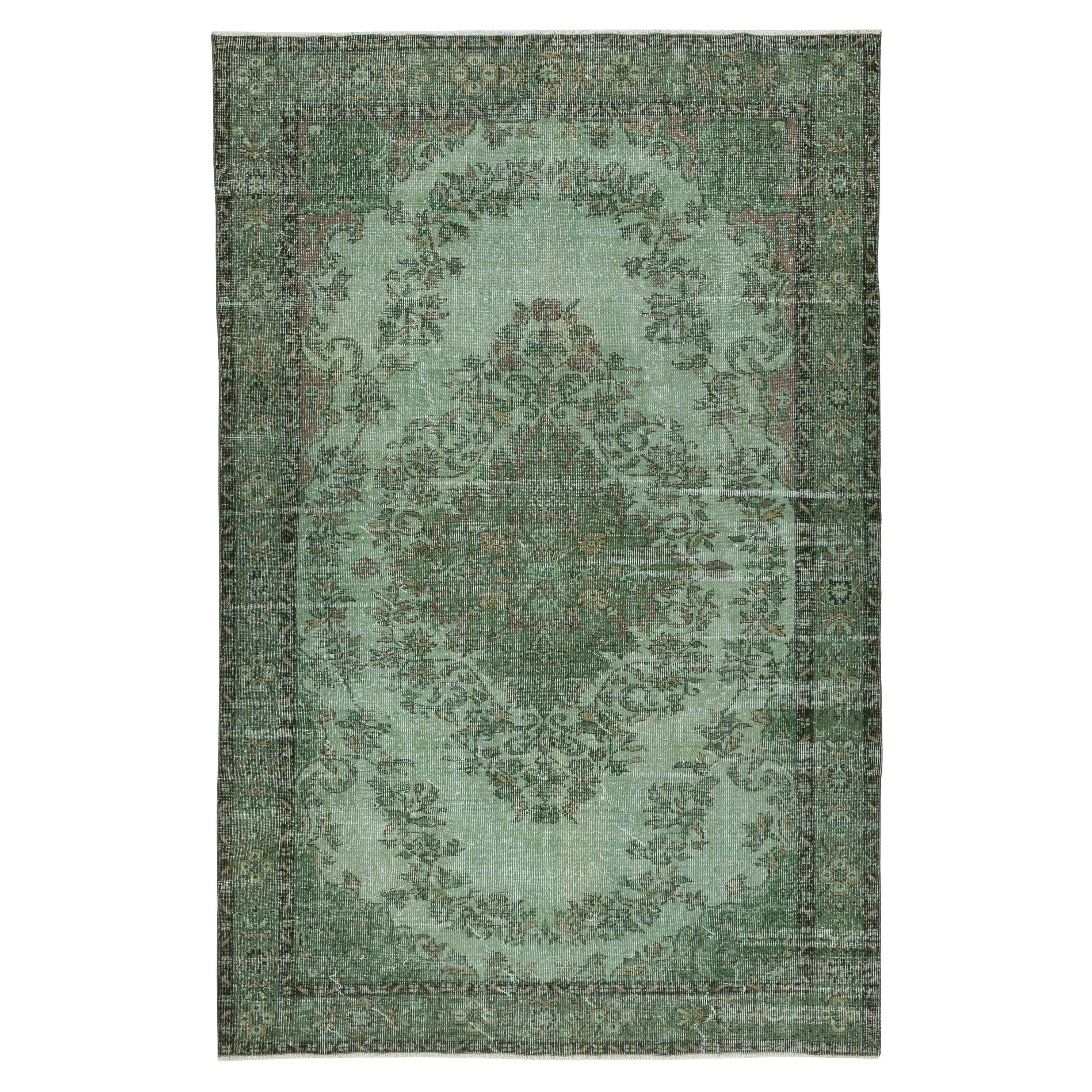 Tappeto turco vintage fatto a mano 6.4x9.7 Ft tinto di verde per interni moderni