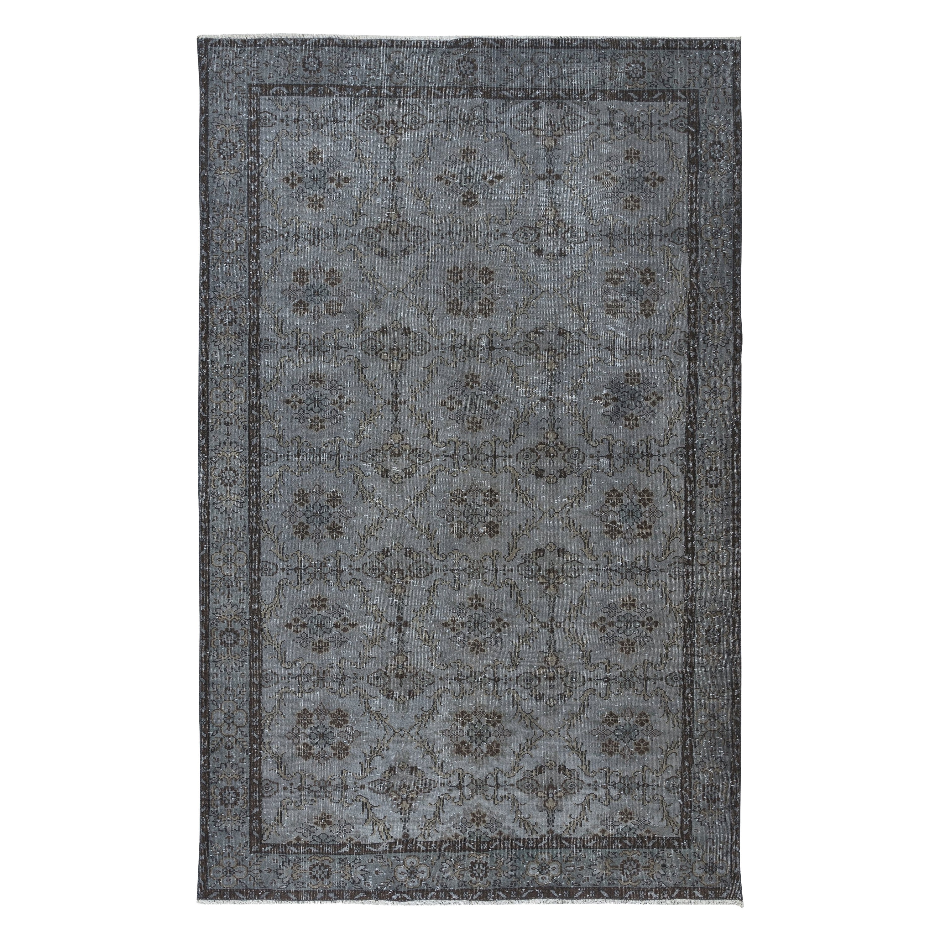Tappeto turco fatto a mano da 6,4x9,8 piedi con design botanico e sfondo grigio