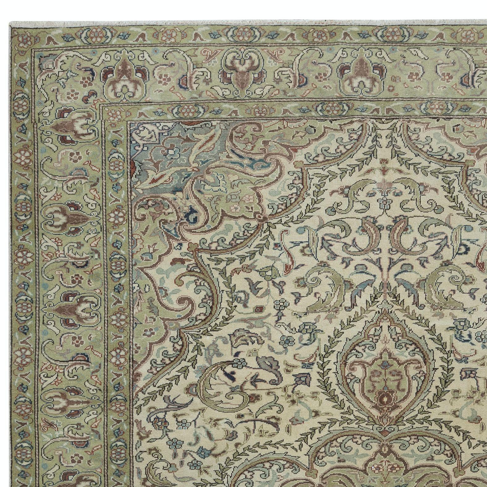 Hand-Knotted 6.4x9.8 Ft Traditional Handmade Turkish Medallion Design Rug in Green Tones For Sale