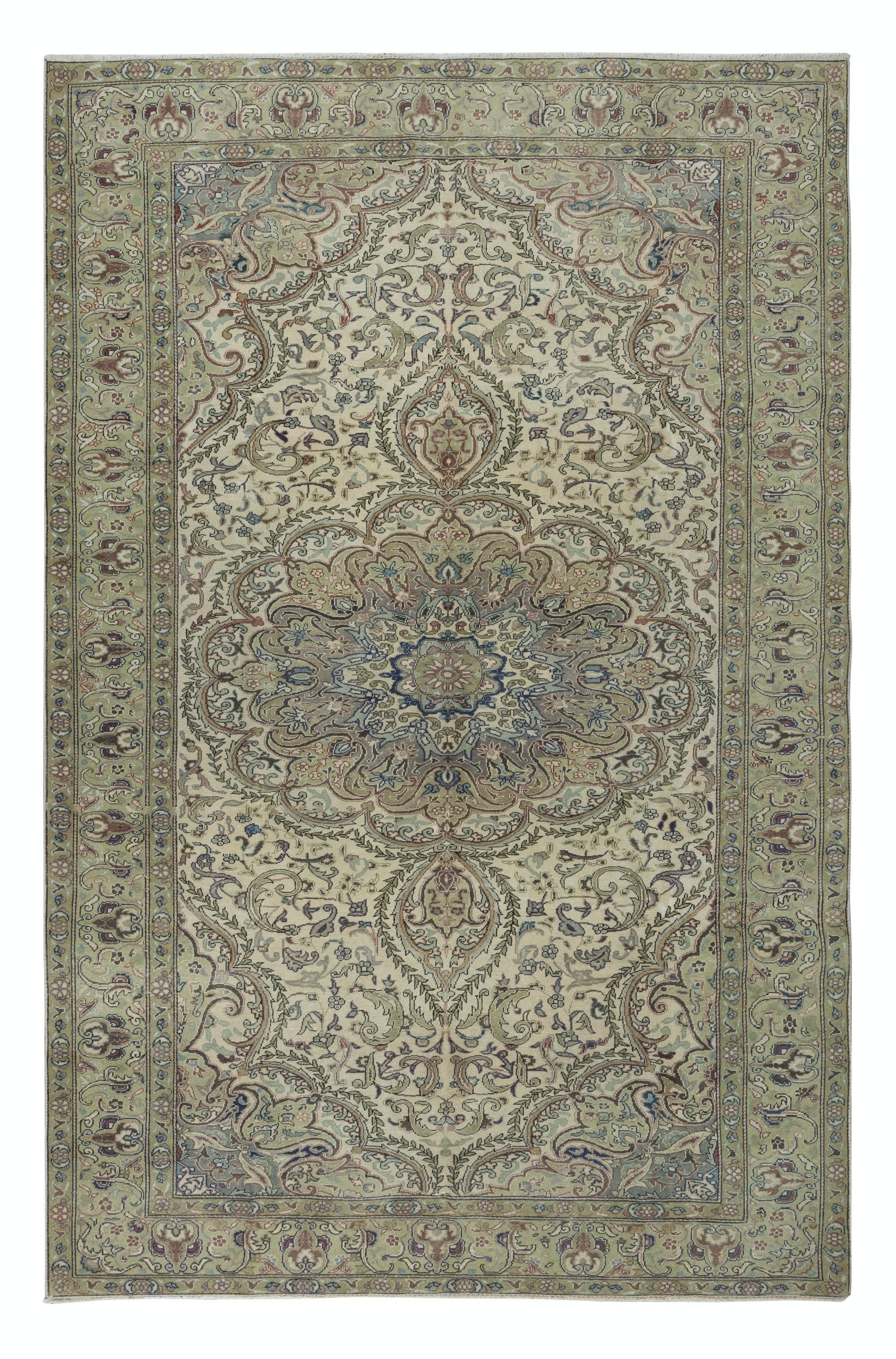 6.4x9.8 Ft Traditional Handmade Turkish Medallion Design Rug in Green Tones For Sale