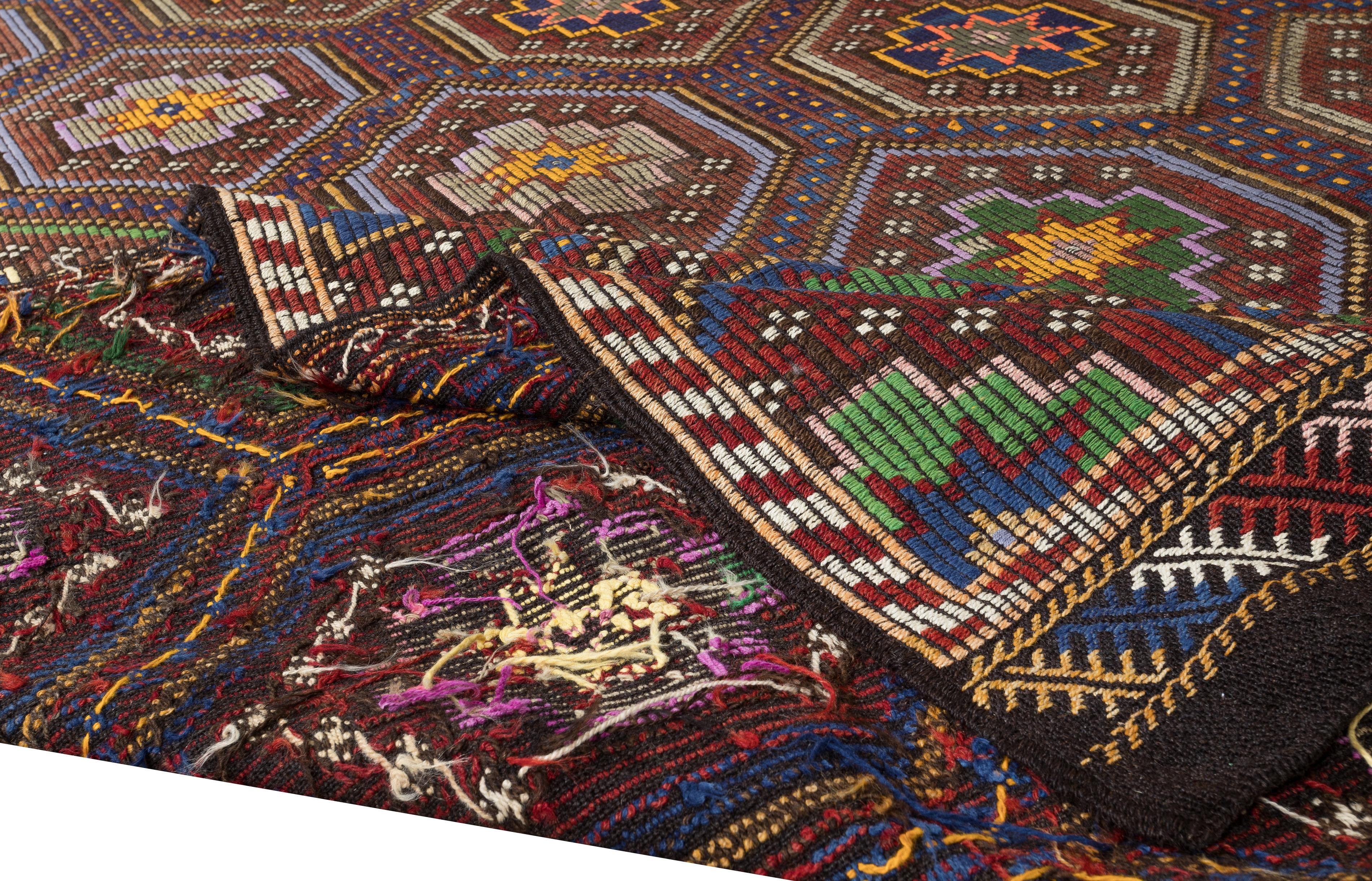 Turc 6.4x9.8 Ft Vintage Turkish Jijim Kilim, Handwoven Star Pattern Rug, 100% Wool en vente
