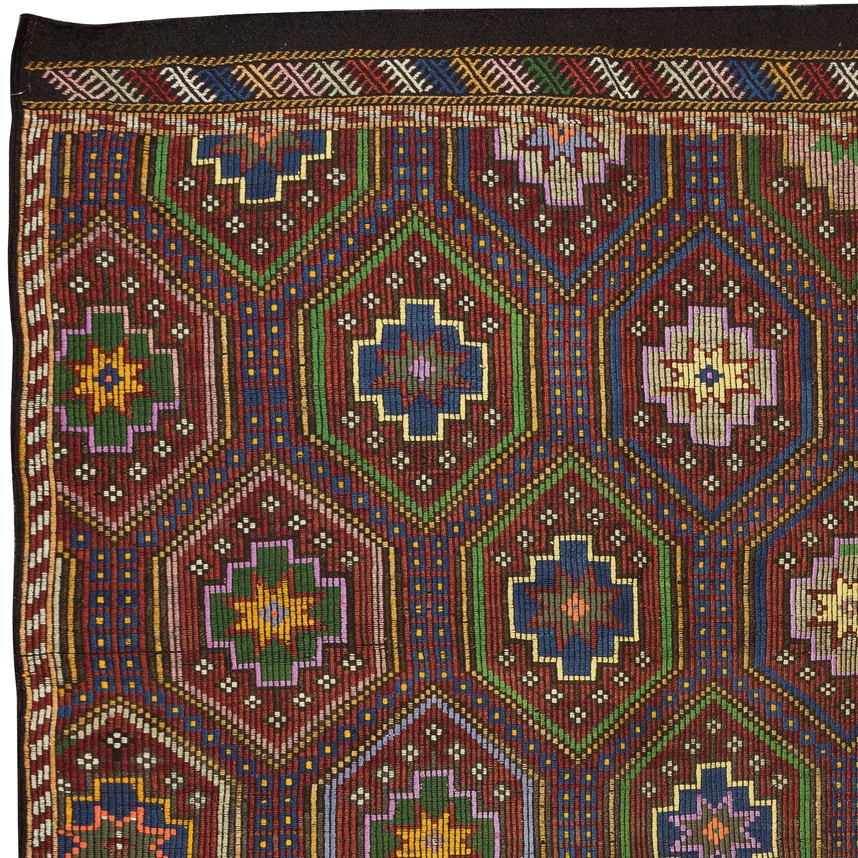 Tissé à la main 6.4x9.8 Ft Vintage Turkish Jijim Kilim, Handwoven Star Pattern Rug, 100% Wool en vente