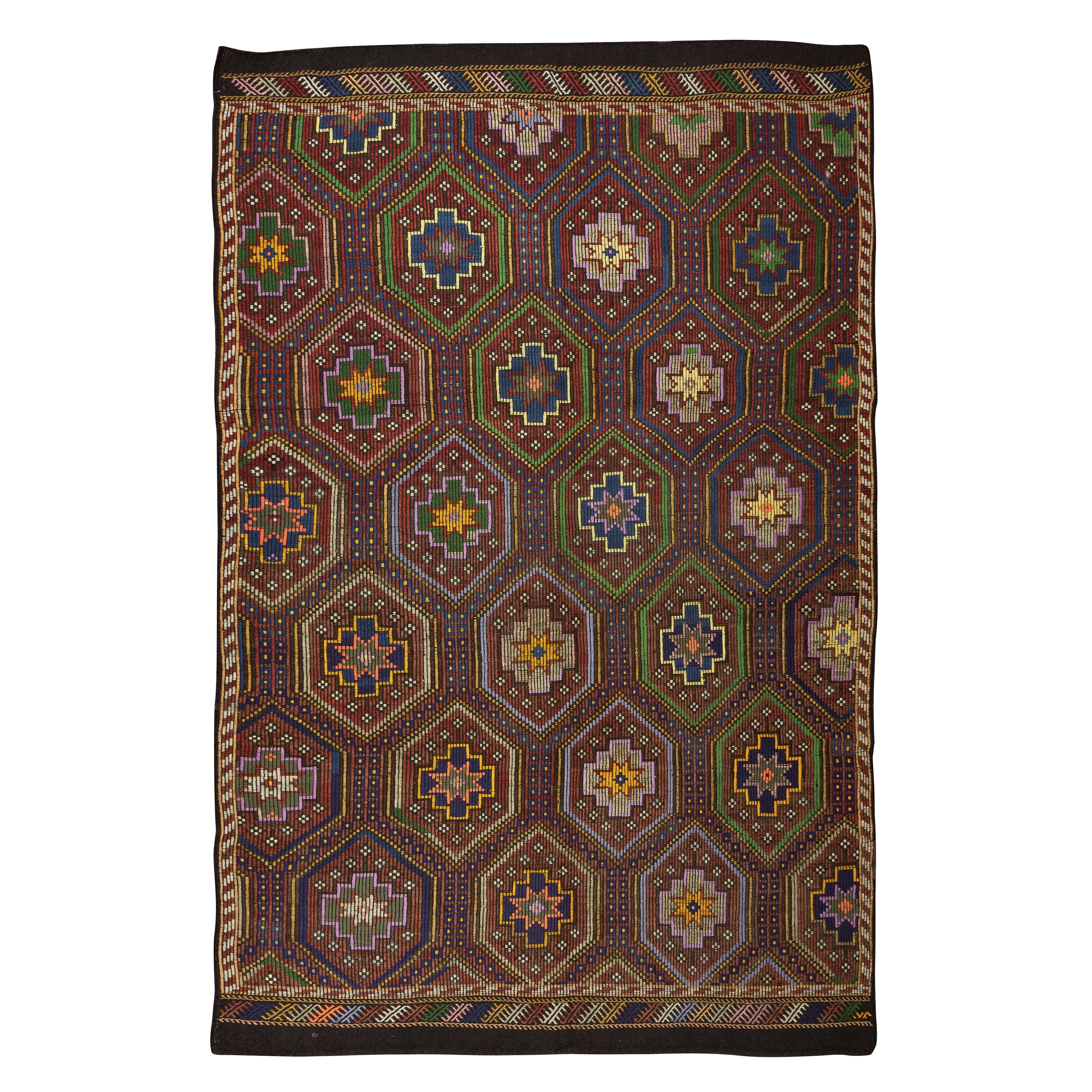 6,4x9,8 Ft Vintage Türkischer Jijim-Kelim-Teppich im Vintage-Stil, handgewebt mit Sternmuster, 100 % Wolle