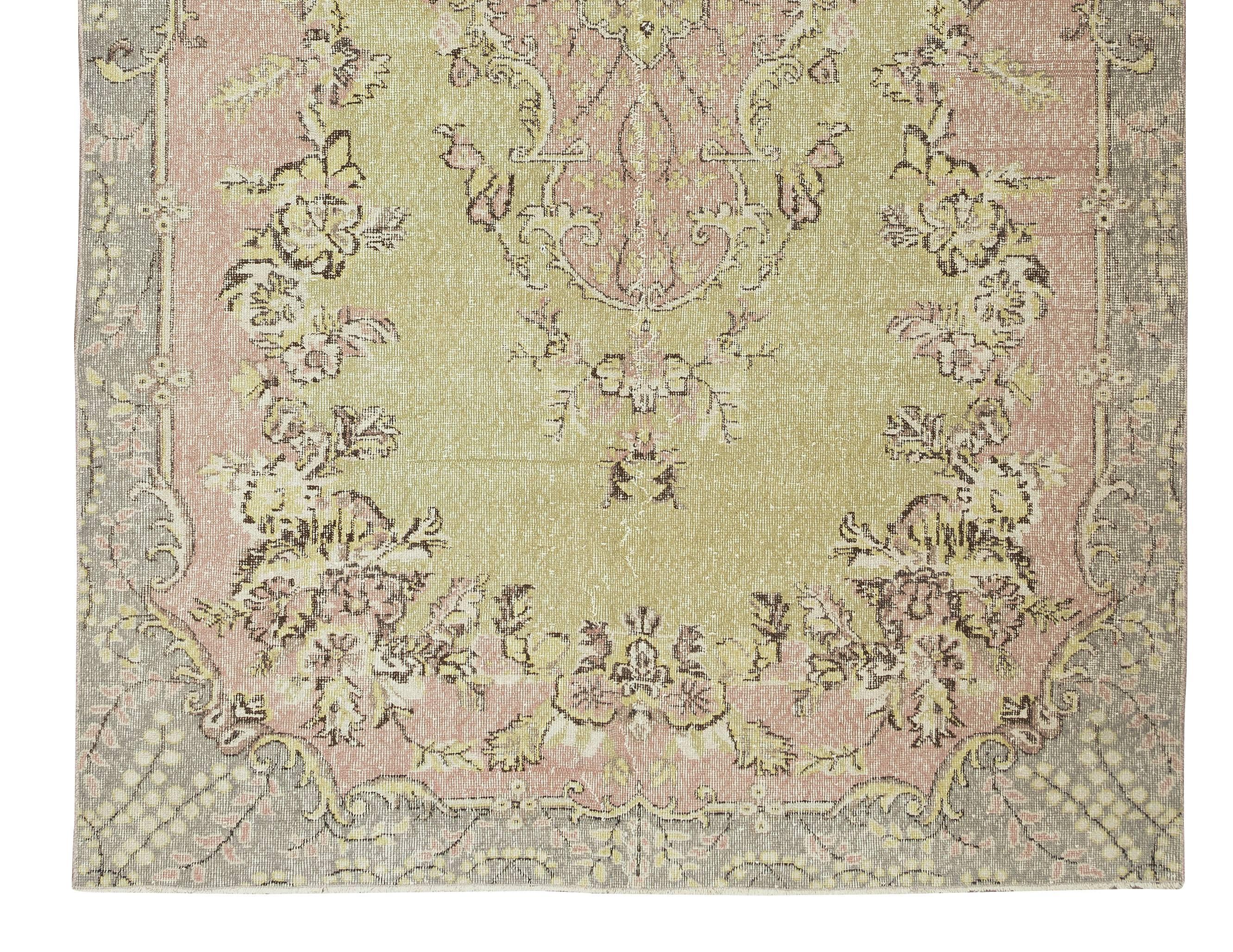 20th Century 6.4x9.9 Ft Vintage Handmade Turkish Oushak Area Rug in Green, Pink & Brown Color