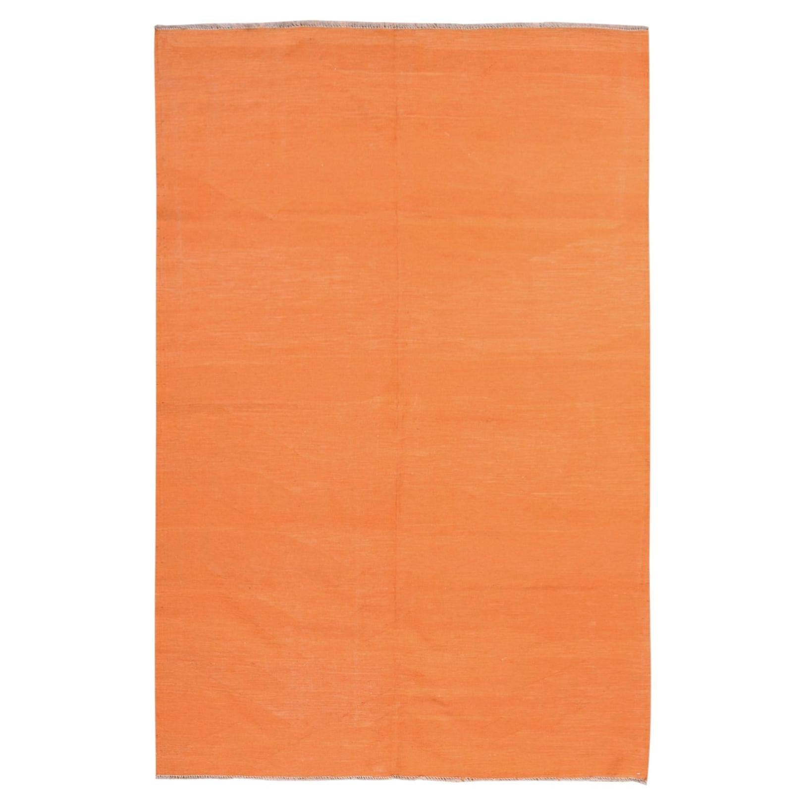 6'4"x9'9" Orange Plain Solid Design Afghan Kilim Hand Woven Flat Weave Wool Rug