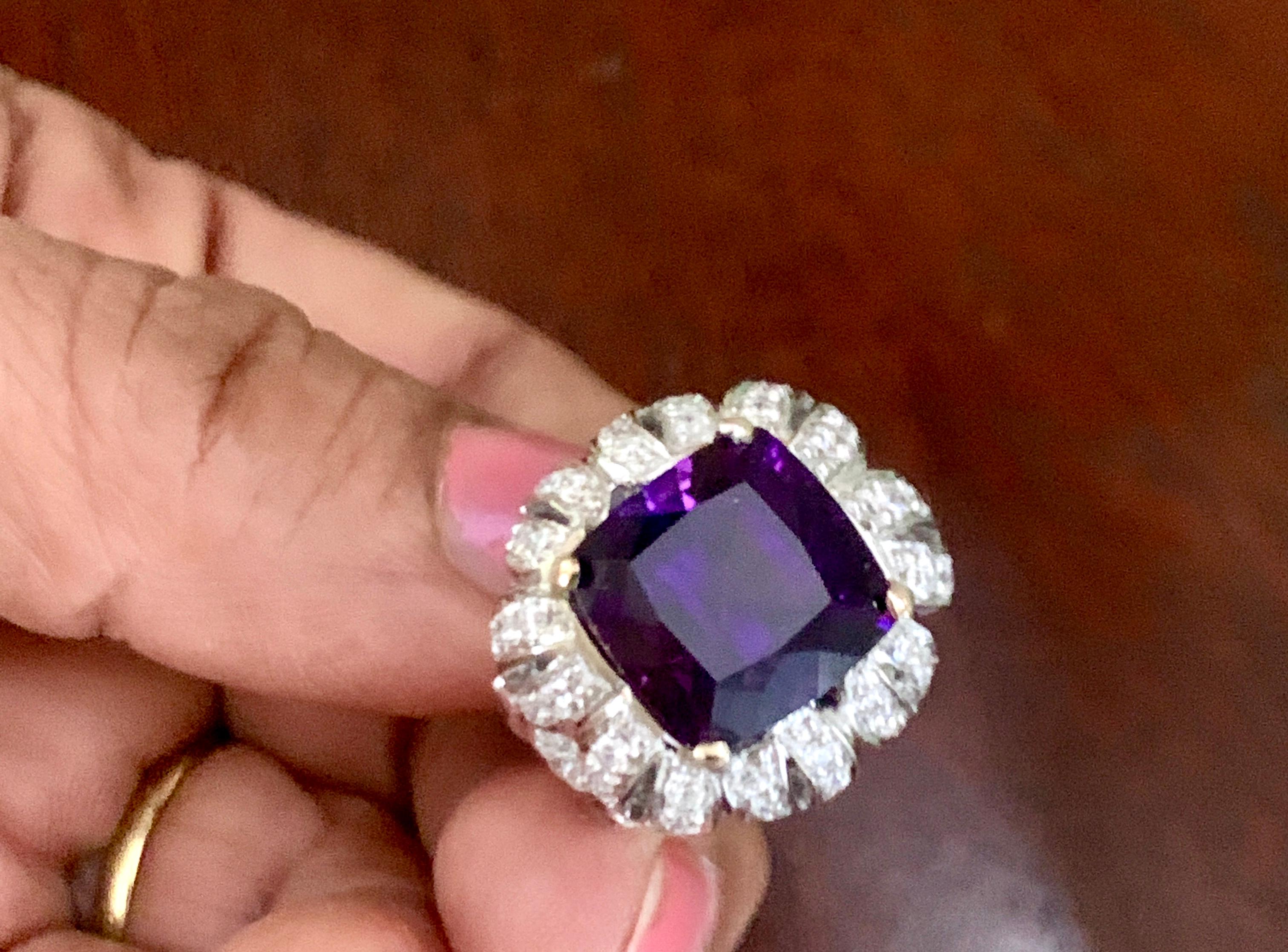 6.5 Carat Amethyst and 1.5 Carat Diamond  Ring 18 Karat White Gold, 1970s
This ring  has a 6.5 carat of high quality i mean finest  Amethyst . Color and clarity is extremely  nice
Surrounded by  diamonds weighing  1.50 ct in a beautiful