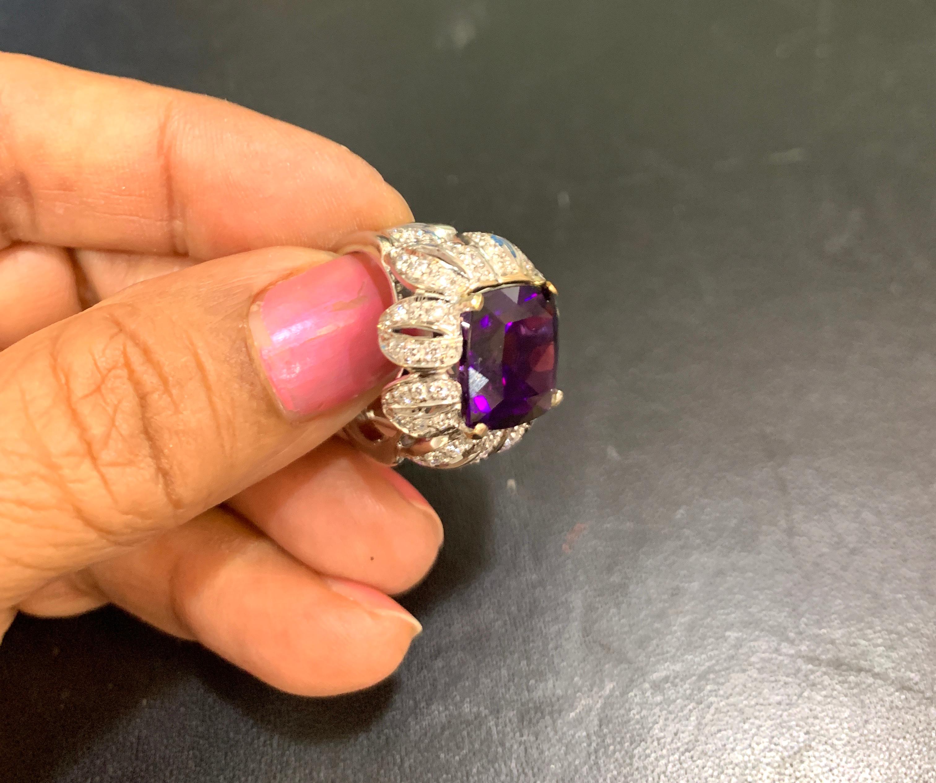 Antique Cushion Cut 6.5 Carat Amethyst And 1.5 Carat Diamond  Ring 18 Karat White Gold, 1970s, Italy For Sale