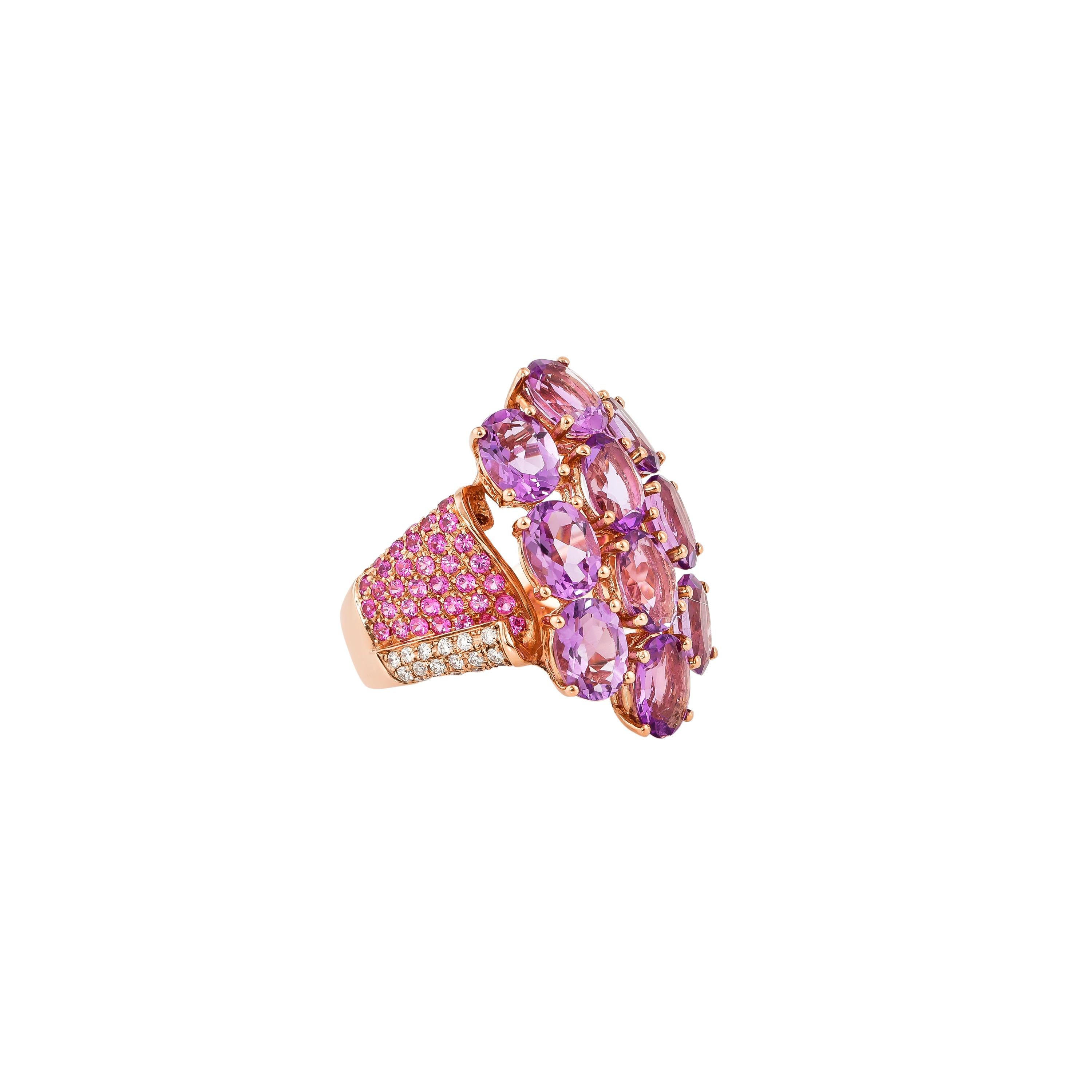 Glamorous Gemstones - Sunita Nahata started off her career as a gemstone trader, and this particular collection reflects her love for multi-colored semi-precious gemstones. This ring presents a cluster of the most vibrant Amethyst. These gems are