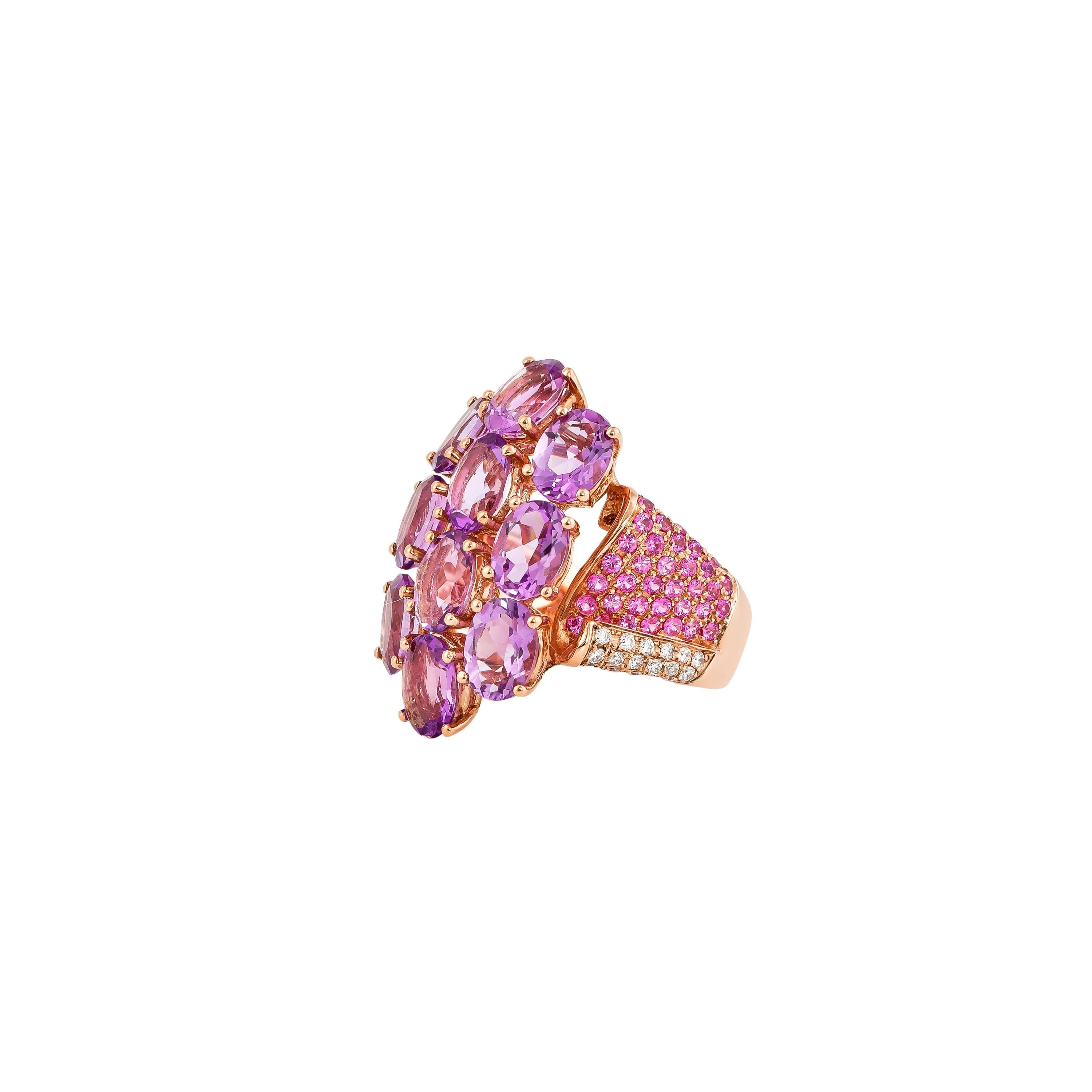 Contemporary 6.5 Carat Amethyst, Pink Sapphire and Diamond Ring in 14 Karat Rose Gold