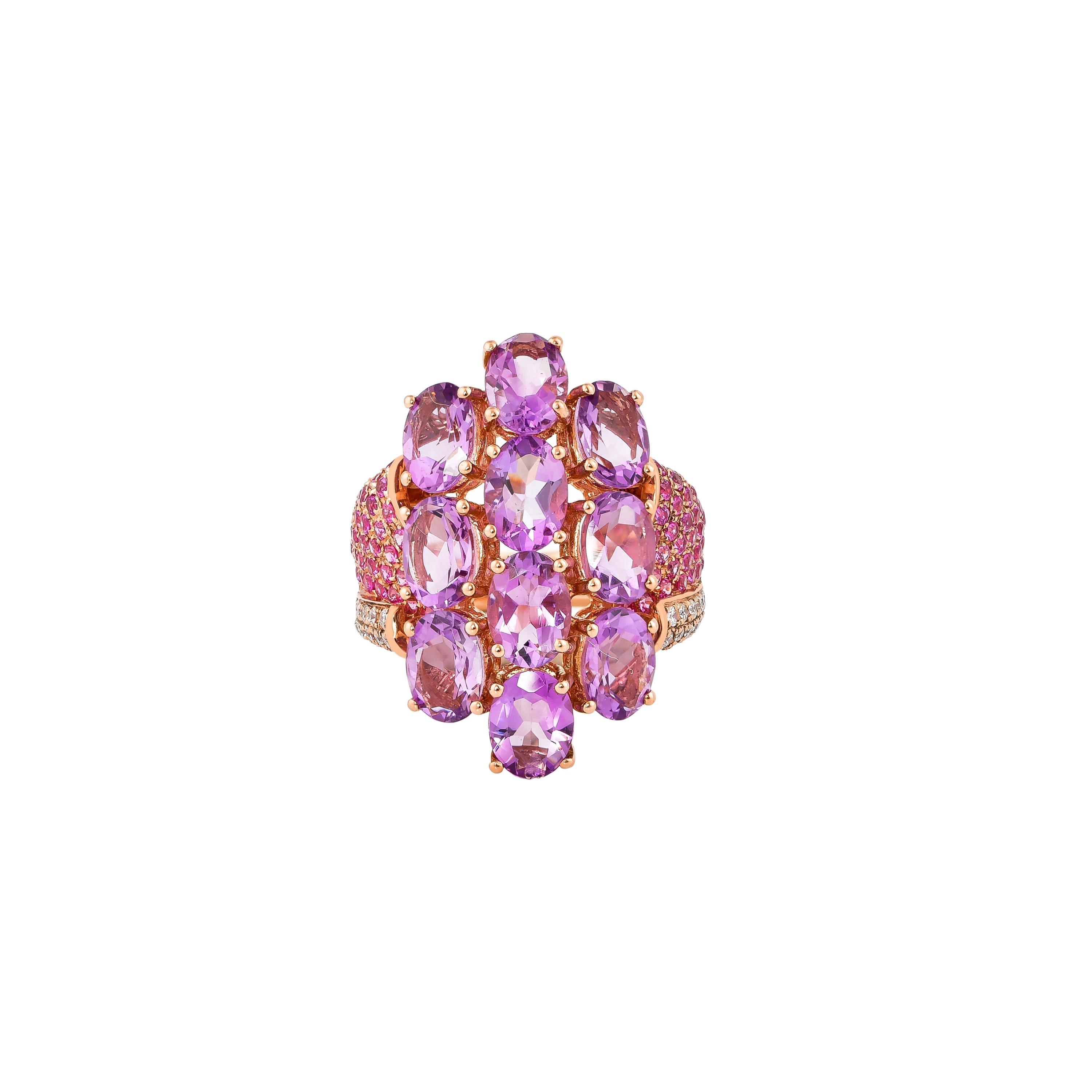 Mixed Cut 6.5 Carat Amethyst, Pink Sapphire and Diamond Ring in 14 Karat Rose Gold