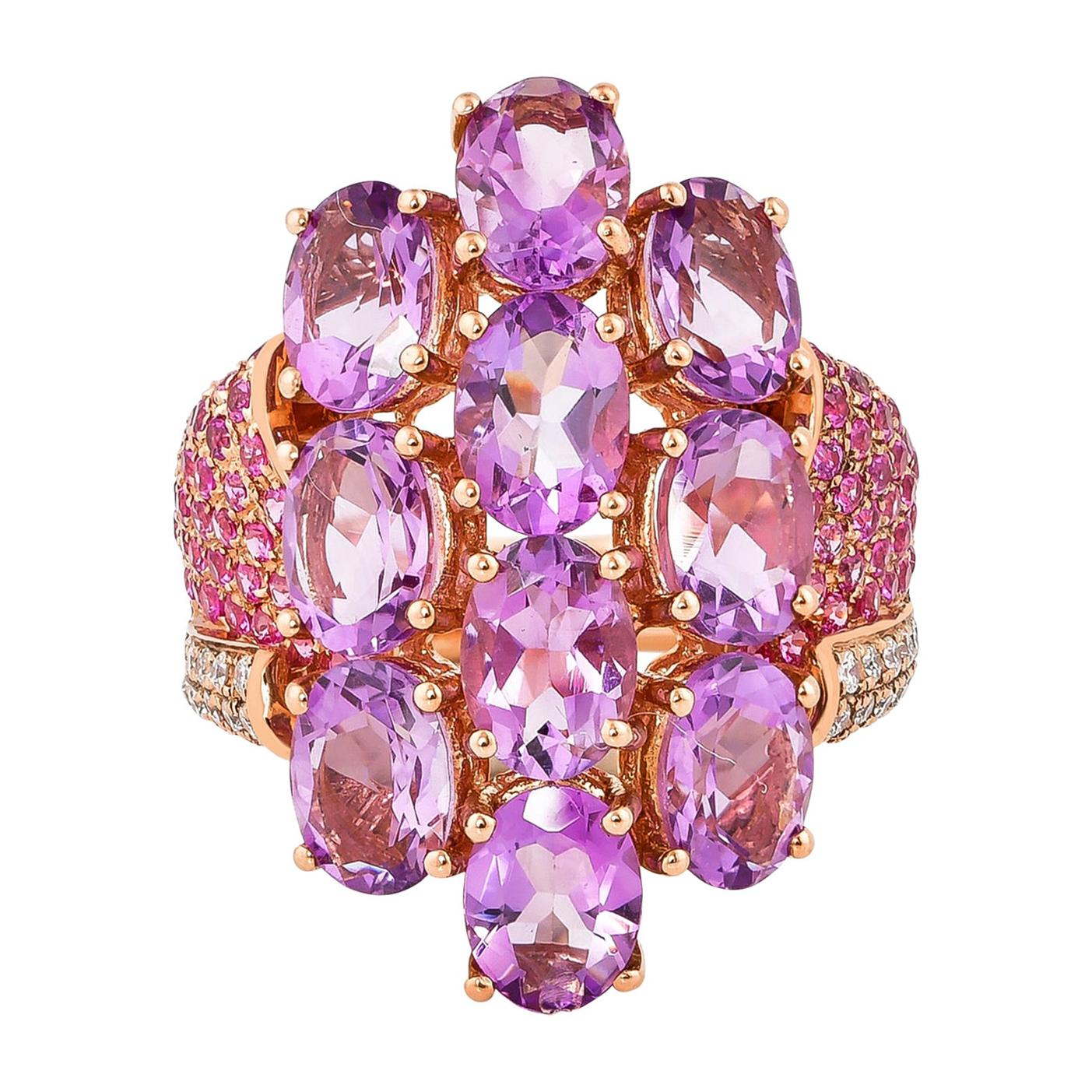 6.5 Carat Amethyst, Pink Sapphire and Diamond Ring in 14 Karat Rose Gold